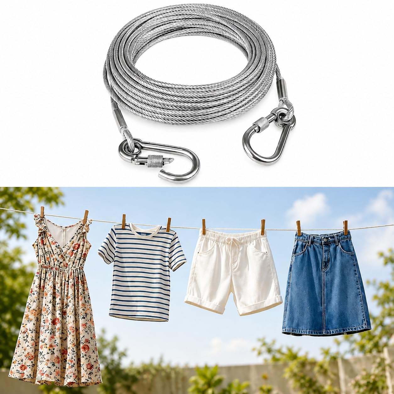Stainless Steel Clothesline Rope - 5m, Carabiner Hooks -1