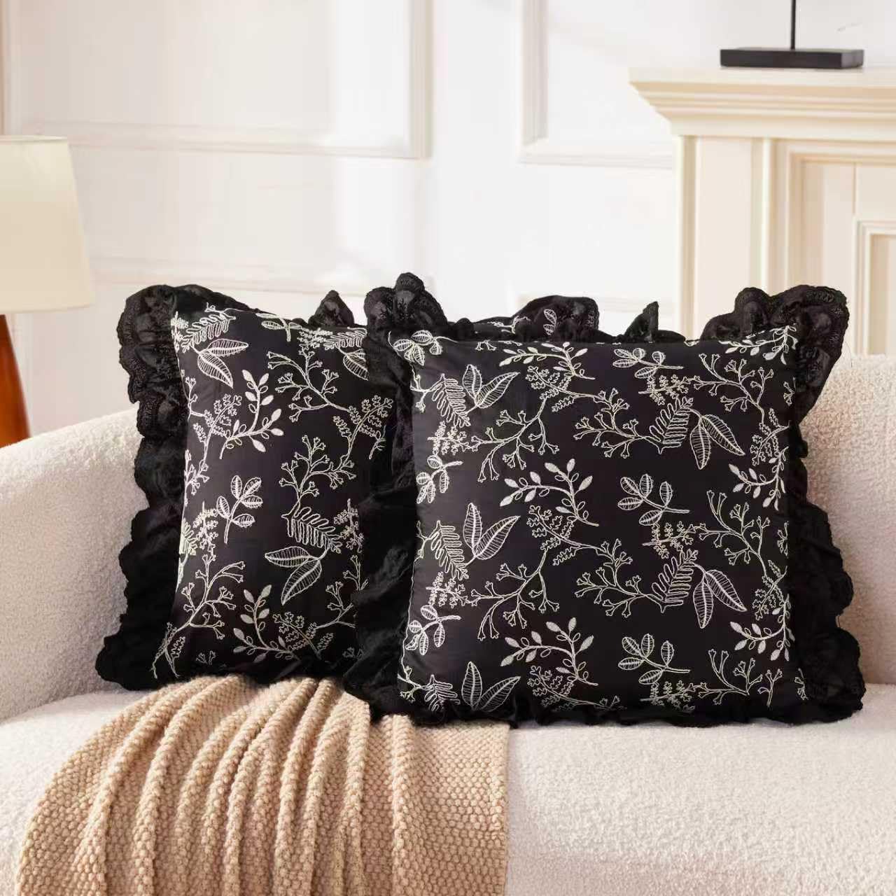 HAUSFRAU 18x18 Throw Pillow Covers Set of 2, French Style Florals Embroidered & Lace Ruffle Trim Pillowcase Chic Decorative Pillow Sham for Sofa, Wedding, Black