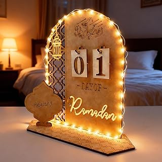 Calendrier du Ramadan en bois avec LED – décoration ramadan polyvalente pour enfants et familles, compte à rebours DIY, lumière douce 1 m, décoration islamique pour salon et table (Lanterne)