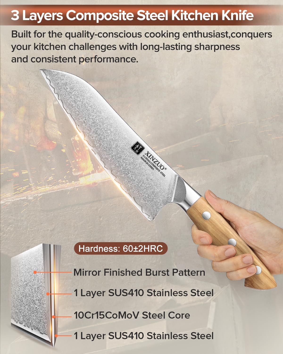 XINZUO 18,5cm Cuchillo Santoku Profesional Acero Compuesto Cuchillo de Cocinero de Cocina Acero Inoxidable de Alto Carbono -para Carne, Verduras, Pescado y Fruta -Mango Ergonómico de Madera de Olivo