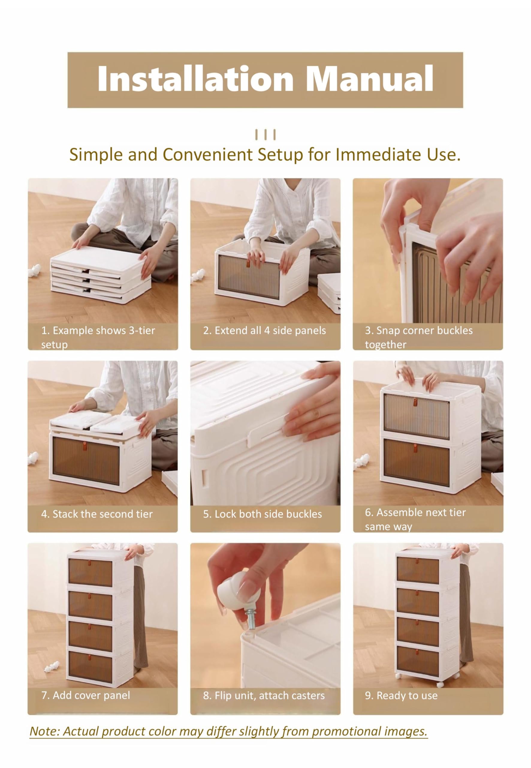 Bacs de rangement pliables avec couvercle, roulettes et porte magnétique, organiseur ABS empilable et pliable pour cuisine, vestiaire, salon et bureau (6 niveaux)