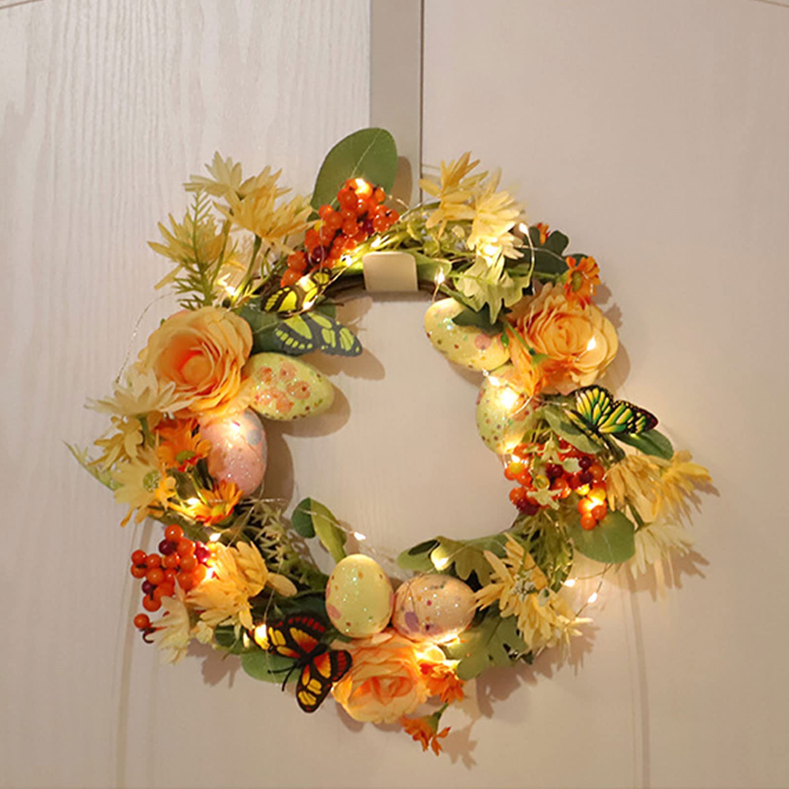 Couronne De Pâques Printanière Avec Oeufs Et Fleurs - Décoration Porte D'Entrée 45cm