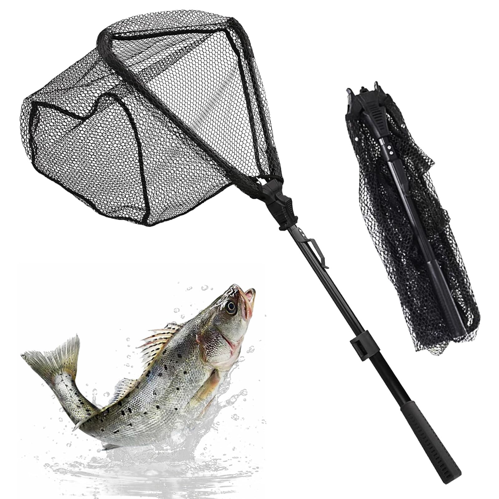 CATELL Red de Pesca Plegable Telescópica Triangular, 90cm Red de Pesca Telescópica con Malla de Goma Sacaderas de Pesca para Captura Estanques Acuario Salmón Trucha Bajo Pez Gato