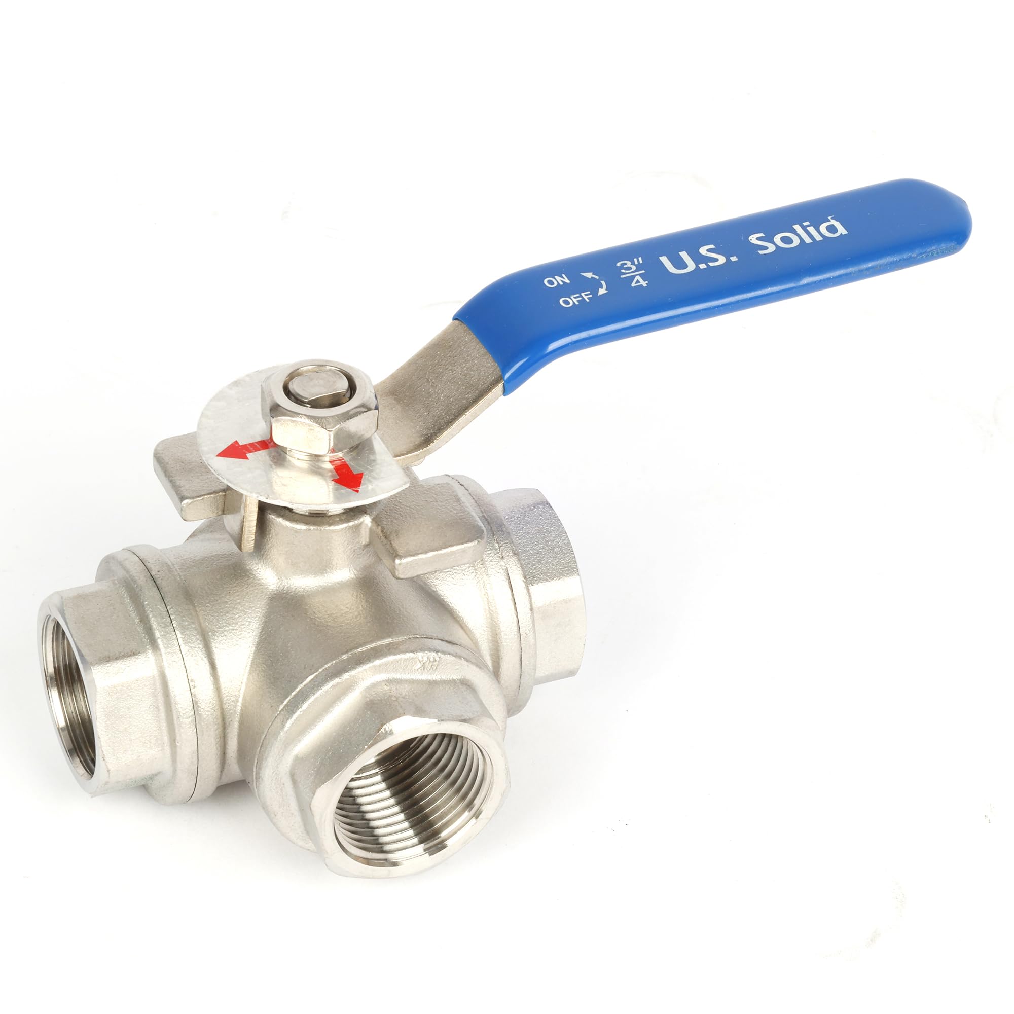 U.S. Solid Valvola a sfera 3 vie in acciaio inox 304 – 3/4" DN20, filettatura G, flusso a L, montaggio a cuscinetto