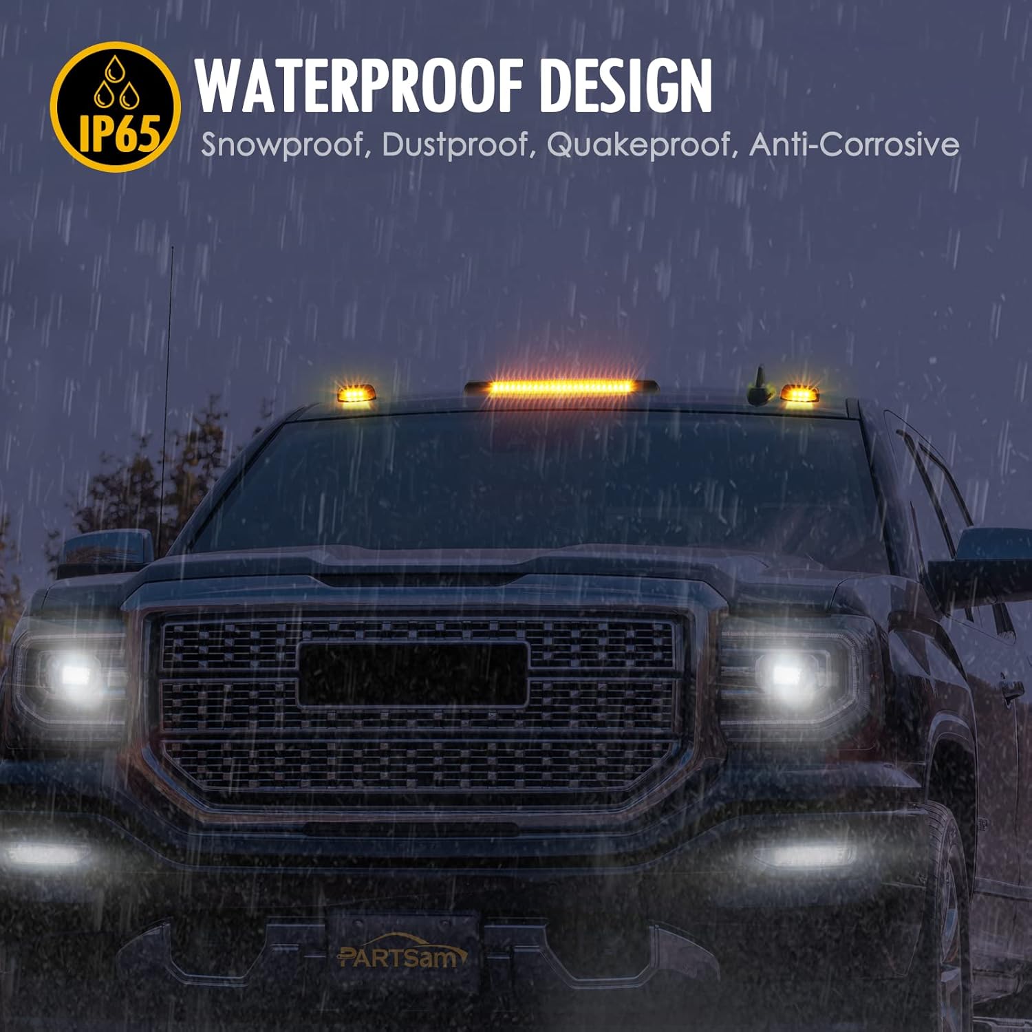 Partsam 3Pcs Smoked Lens Amber Cab Marker Lights Replacement for Silverado/Sierra 1500 2500 3500 2015 2016 2017 2018 2019 Amber 30 LED Cab Roof Top Clearance Marker Running Lights Lamps w/Wiring Pack