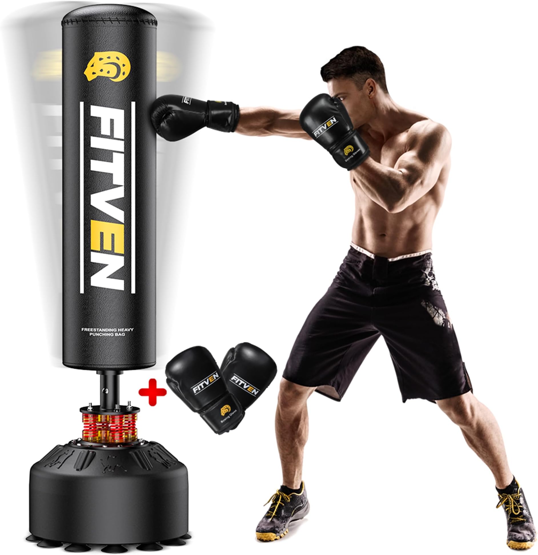 - FITVEN 70'' Freestanding Punching Bag with Boxing Gloves, Heavy Boxing Bag with Suction Cup Base, Stand Kickboxing Bag for Adult-Teens Family Home Gym Training Equipment
