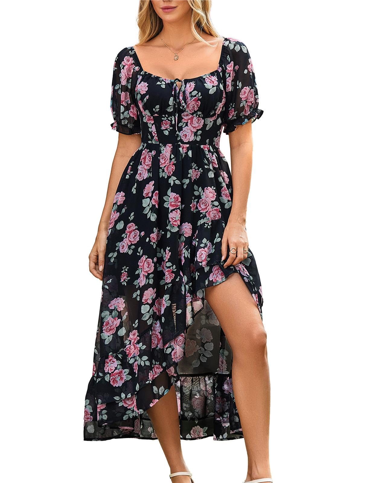 Scarlet Darkness Sommerkleid Damen Viktorianisches A-Linie Blumenkleid Puffärmel Kurzarm mit Rüschen Corsagenkleid Schwarz und Rosa Blumen XXL