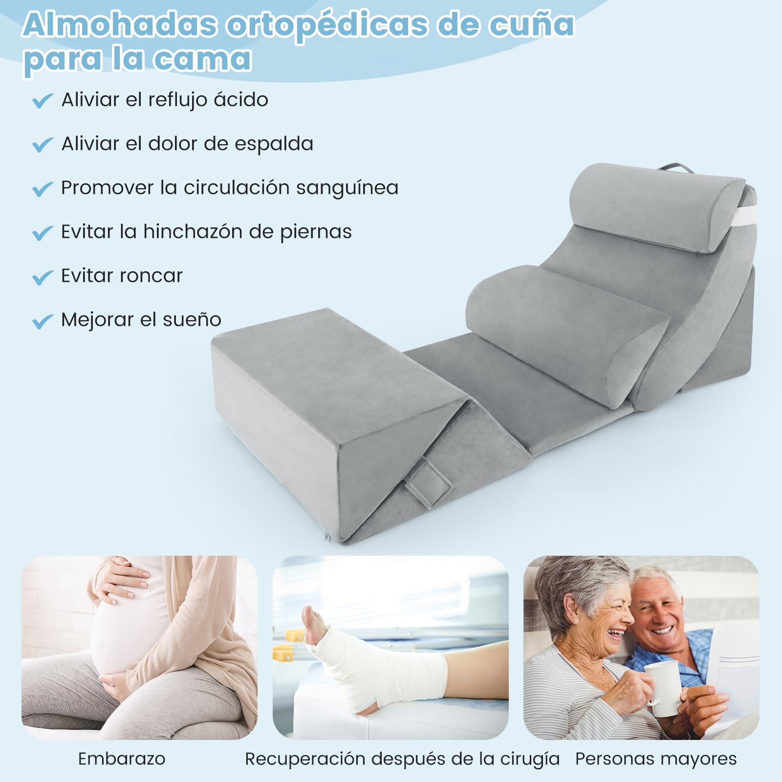 COSTWAY 7 Piezas Respaldo Cama, Almohadas de Cuña Ajustables de Espuma Viscoelástica para Cuello, Lumbar, Piernas, Almohada Lectura Cama, Cojín de Lectura