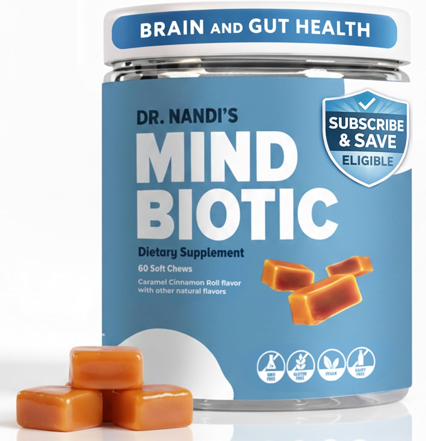 KSM-66 Ashwagandha, Probiotics & Prebiotics - Brain & Digestive Health Supplement - MindBiotic Supports Memory, Focus, Energy & Gut-Brain Connection - 300MG - 60 Caramel Cinnamon Chews
