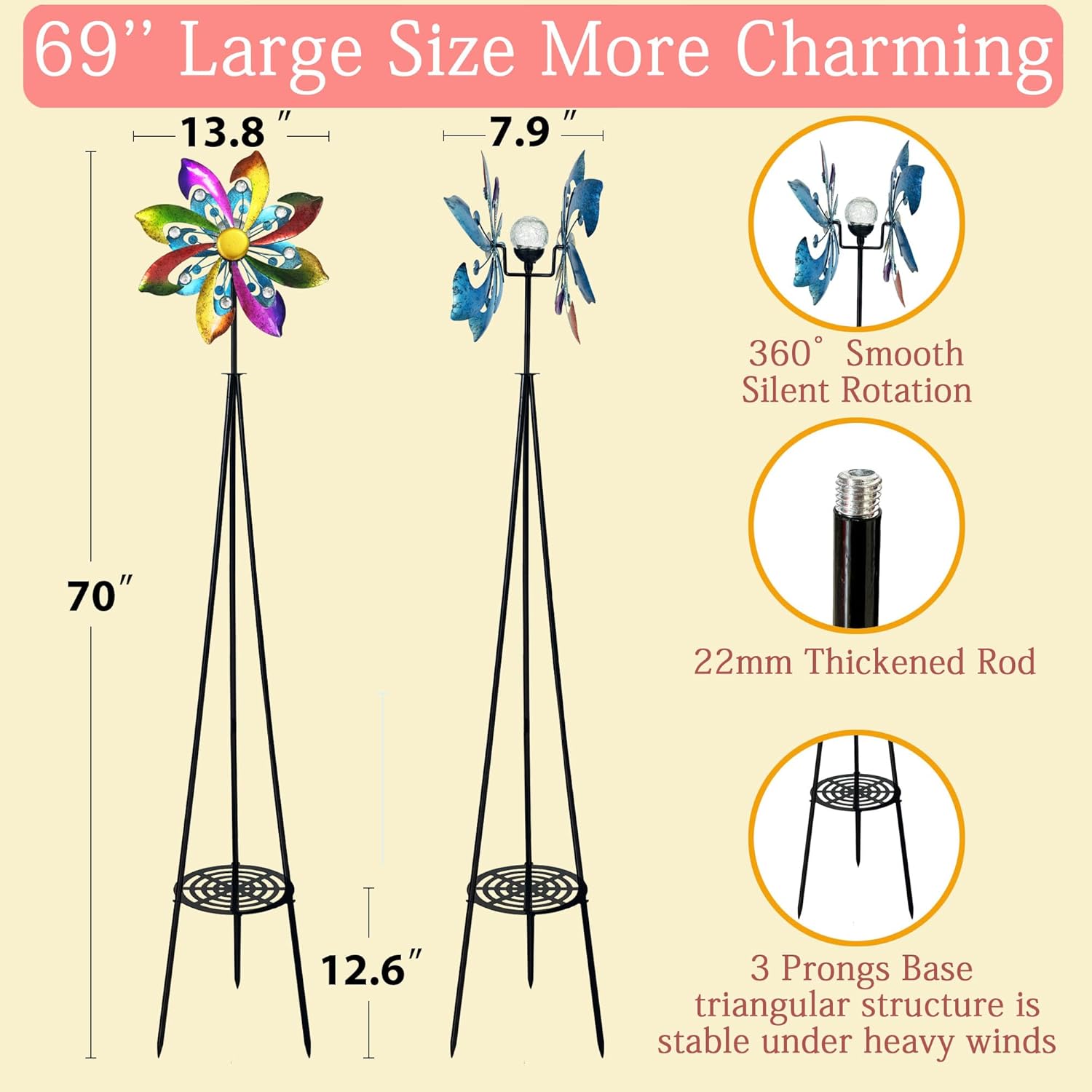69" Metal Wind Spinners Outdoor with Plant Rack,3 Legs Colorful Windmill for Yard, Kinetic Yard Art, Waterproof Large Wind Sculptures for Garden Backyard Outdoor Decor Lawn Ornaments for Outside