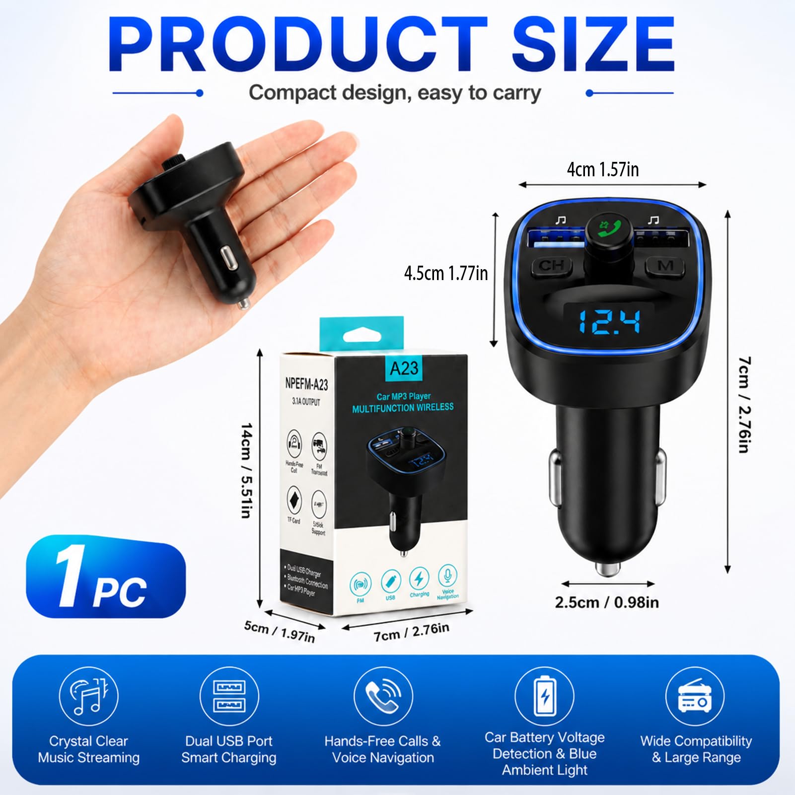 Bluetooth FM-Transmitter, Auto Bluetooth-Adapter mit Doppel-USB-Port 5V 2,4A/1A, Freisprecheinrichtung, USB- & SD-Karten-MP3-Player, Batteriespannungsanzeige, Kabelloses Audio-Autoladegerät