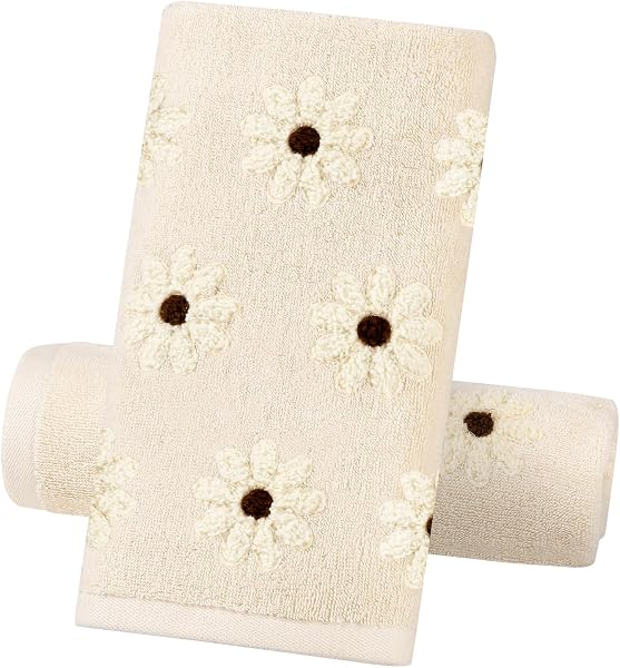 Quera Hand Towels Beige Daisy Summer Floral for Bathroom Kitchen