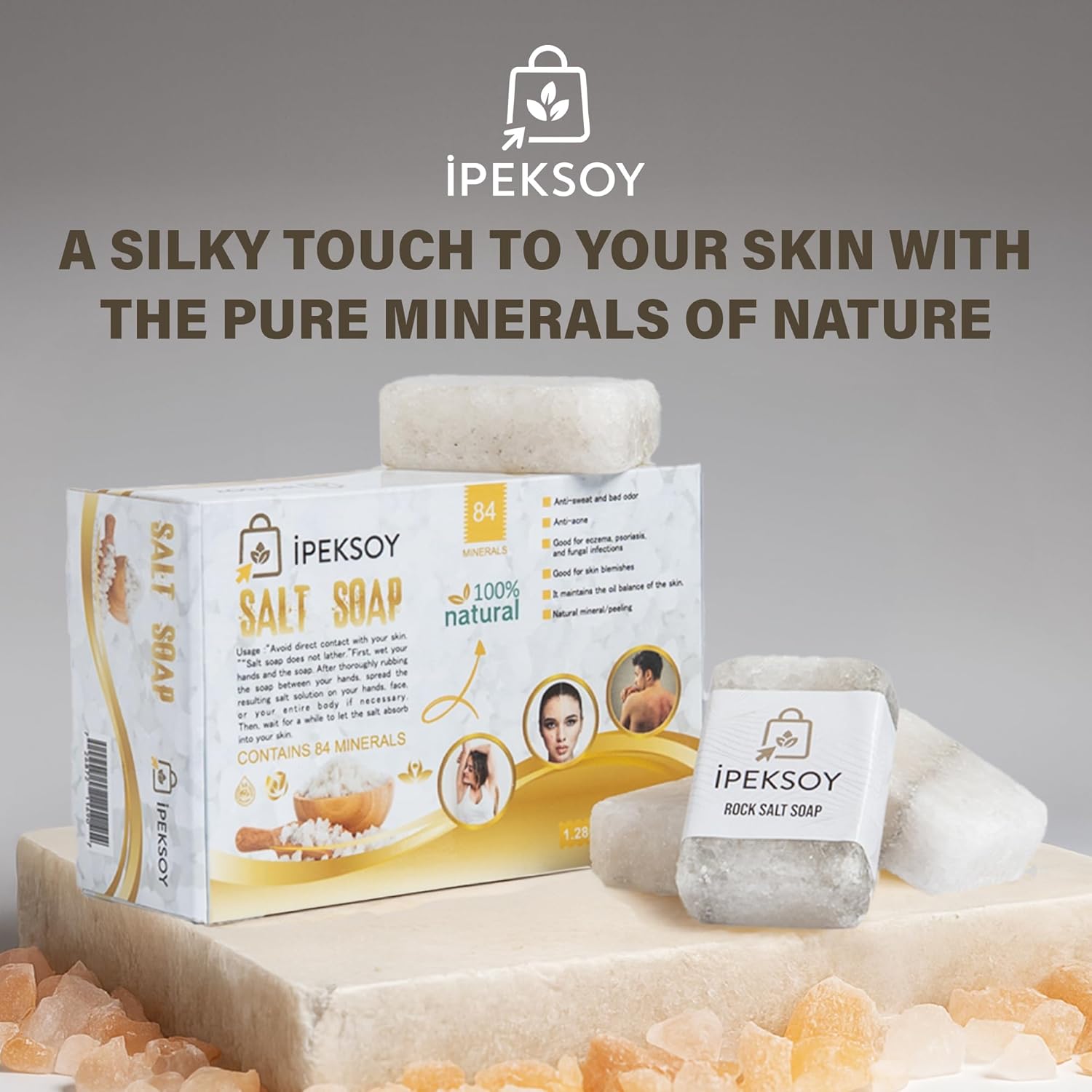 Natural Salt Soap Bar – Purifying and Exfoliating Organic Unscented Bar Soap for Men & Women – Pure Mineral Rock Salt Soap for Gentle Skin Care and Odor Control (Salt (4 Pieces))