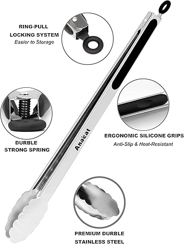Miniatura 4 de Anaeat Pinza de Bloqueo Extra Larga de Acero Inoxidable para Parrilla, Pinza de Cocina Resistente de 17" con Resorte Helicoidal y Agarre de Silicona