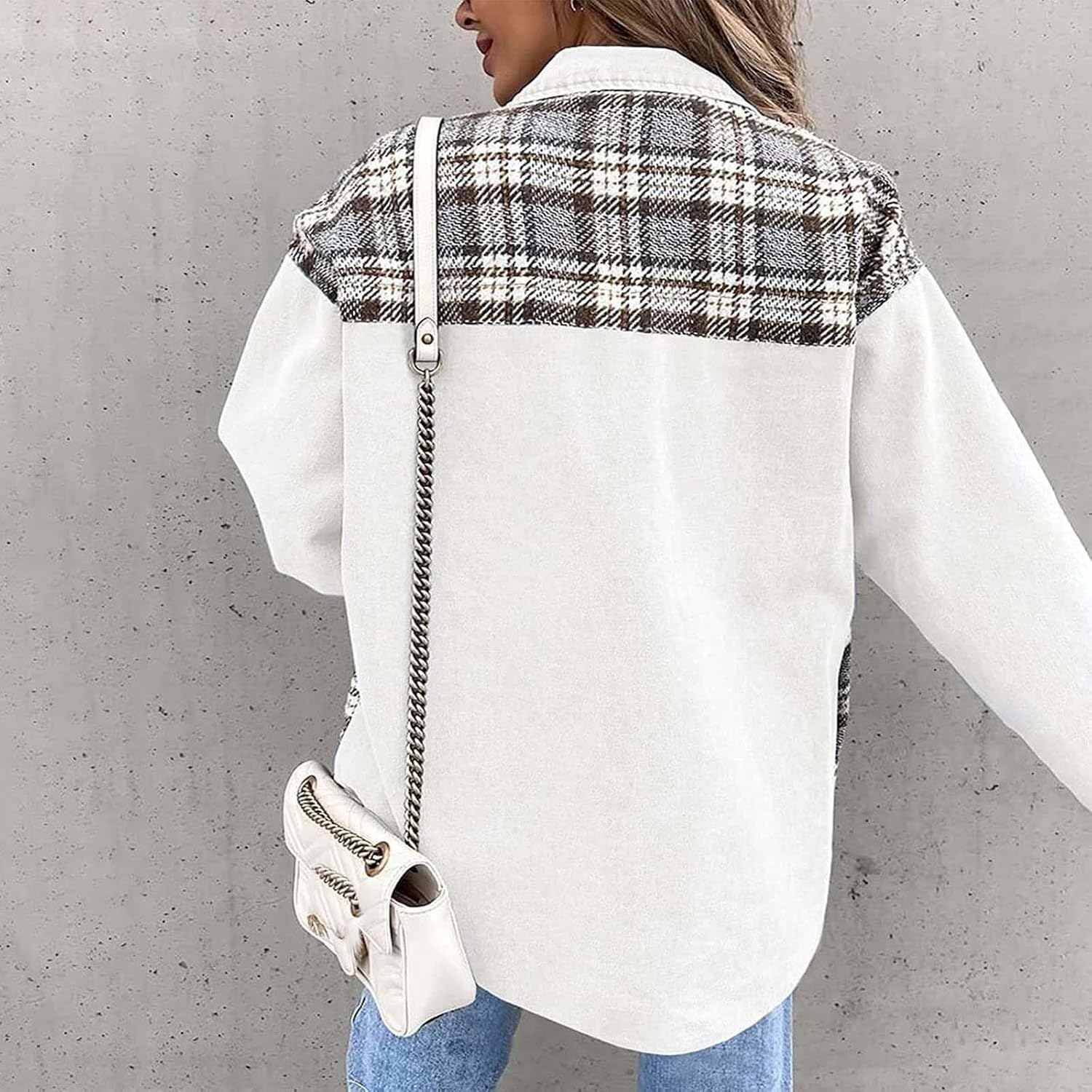 Jean Jacket Women Plaid Shacket Jacket Oversized Denim Jacket Long Sleeve Button Down Shirts Fall Jacket with Pocket