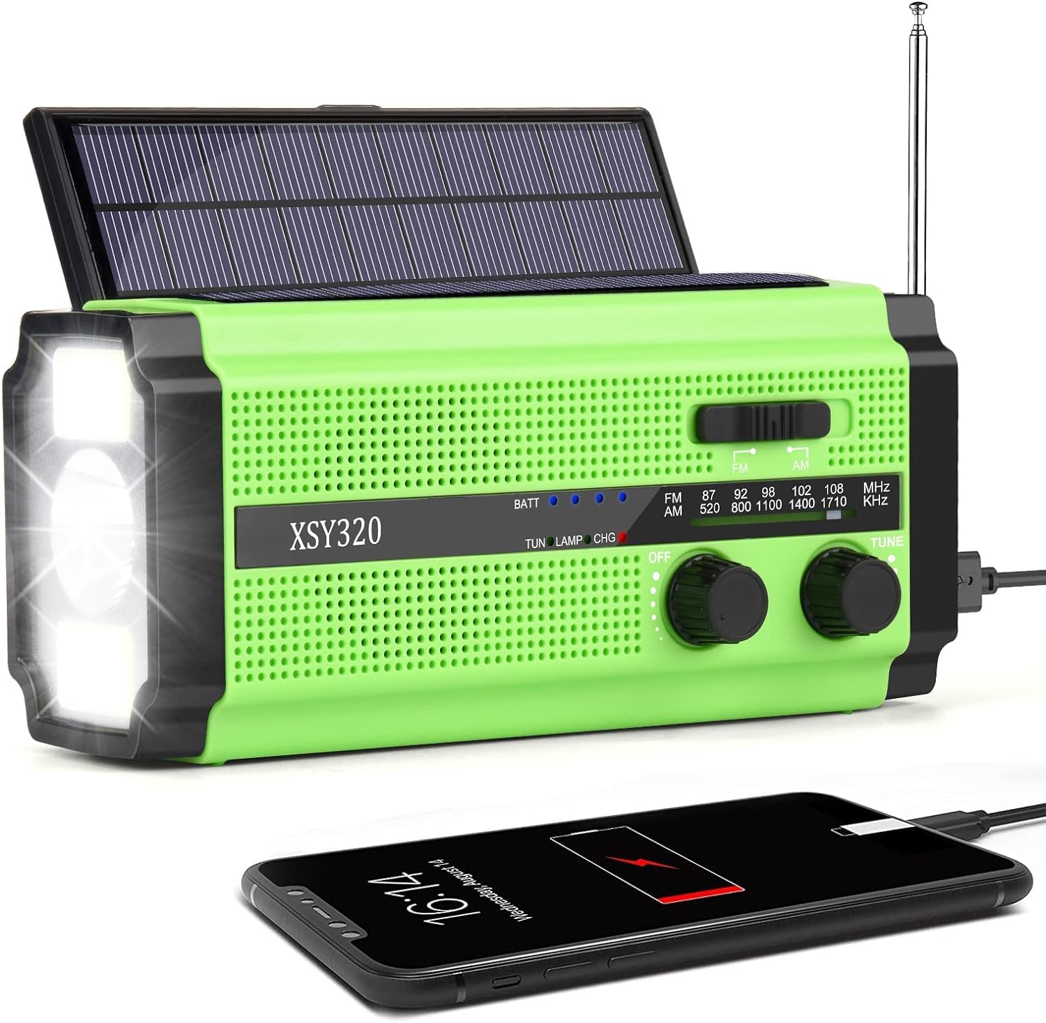 Wind Up Solar Radio, 5000mAh Hand Crank Dynamo Radio Rechargeable, Portable Emergency AM/FM Radio, with 4 Modes LED Torch, Reading Lamp, USB Phone Charger, SOS Alarm, for Outdoor Camping Hiking