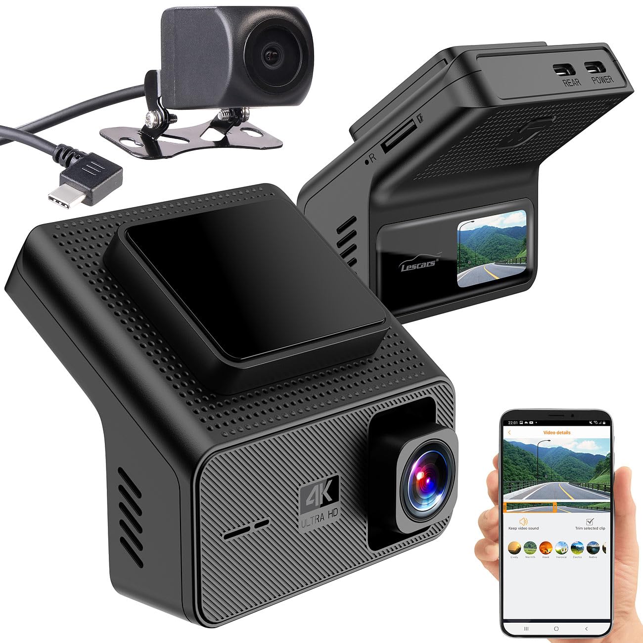 Lescars dash cam: Dashcam 4K-UHD, con telecamera di retromarcia Full-HD, GPS, 1,47"-IPS-Display (telecamera per auto con registrazione gps, per parcheggio, veicolo)