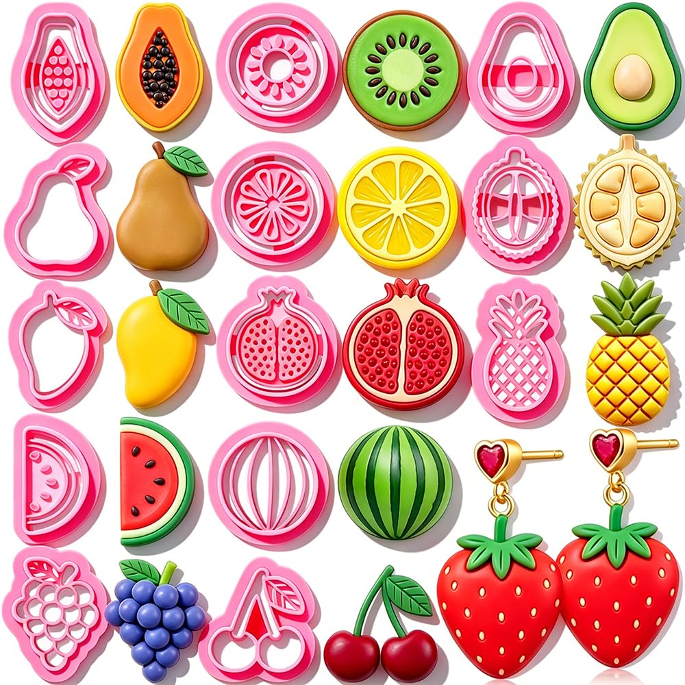 View 1 of 18 Pcs Summer Fruit Polymer Clay Cutters Set 3D Printe Grape Pear Watermelon Cherry Lemon Strawberry Fruits Clay Cutters for Earrings Jewelry Making Cookie Fondant Cake Decorating DIY Crafts Tools