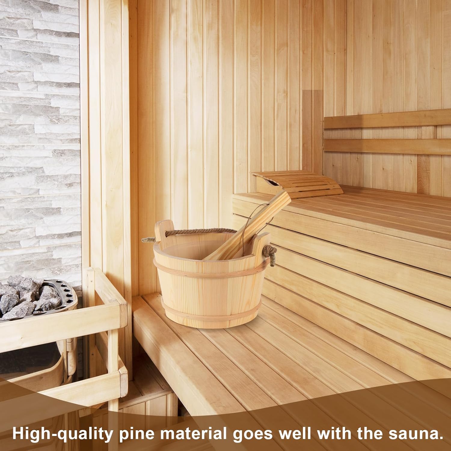 Wooden Sauna Bucket and Ladle Set, Handmade from Natural Pine with Rope Handle, 4L