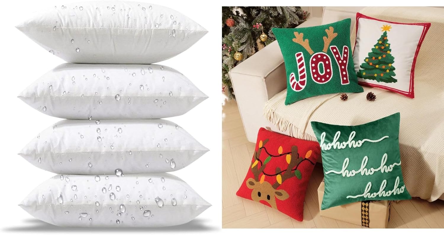 Phantoscope Bundle - 18x18 Pack of 4 Outdoor Water Resistant Throw Pillow Inserts， Pack of 4 Christmas Throw Pillow Covers, Plush Sherpa Fleece Reindeer Cushion Soft Velvet Xmas Tree 18x18 inch