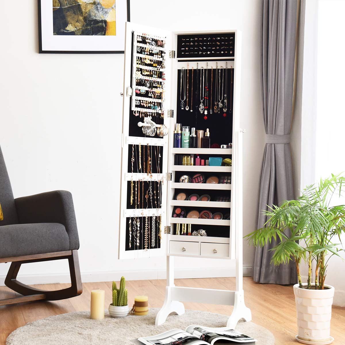 COSTWAY Schmuckschrank abschließbar, Schmuck Spiegelschrank mit Spiegel, Schmuckregal für Ringe, Kettenhaken, Ohrringe und Kosmetik, freistehend, weiß
