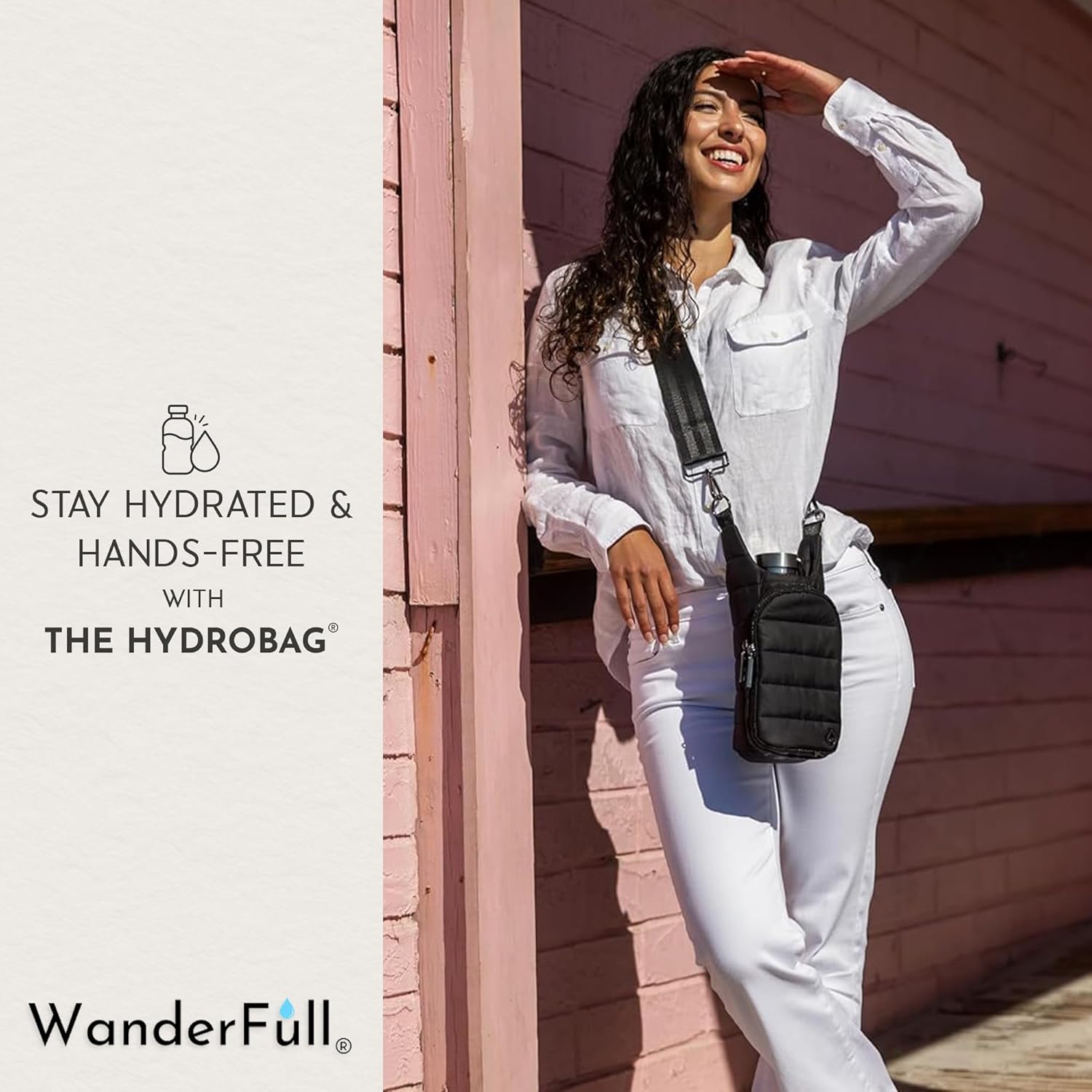 WanderFull Original HydroBag Fits Up to 32 oz Water Bottle Holder with Strap – Hands-Free Crossbody Water Bottle Carrier Bag with Phone Pocket