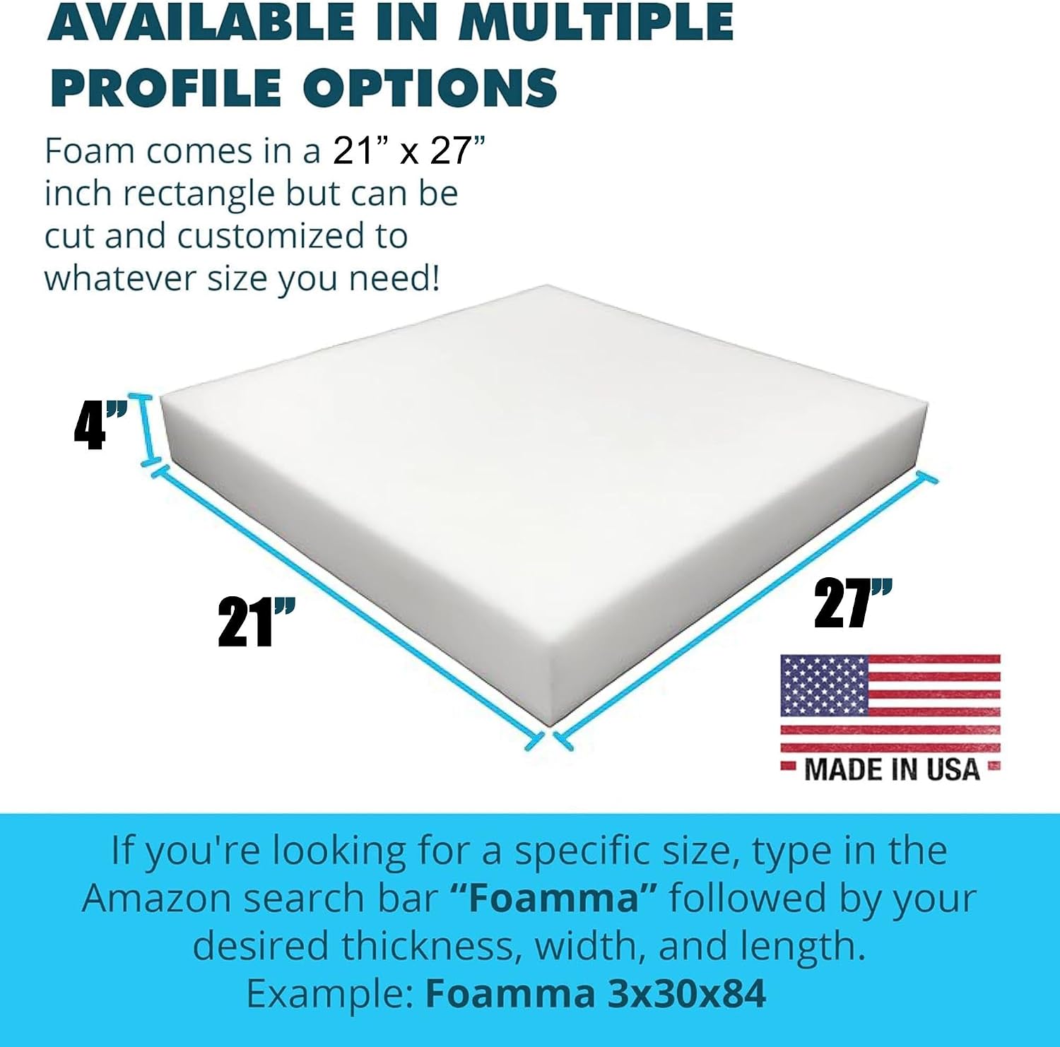 FOAMMA 4" x 21" x 27" High Density Upholstery Foam Cushion (Seat Replacement, Upholstery Sheet, Foam Padding) Made in USA