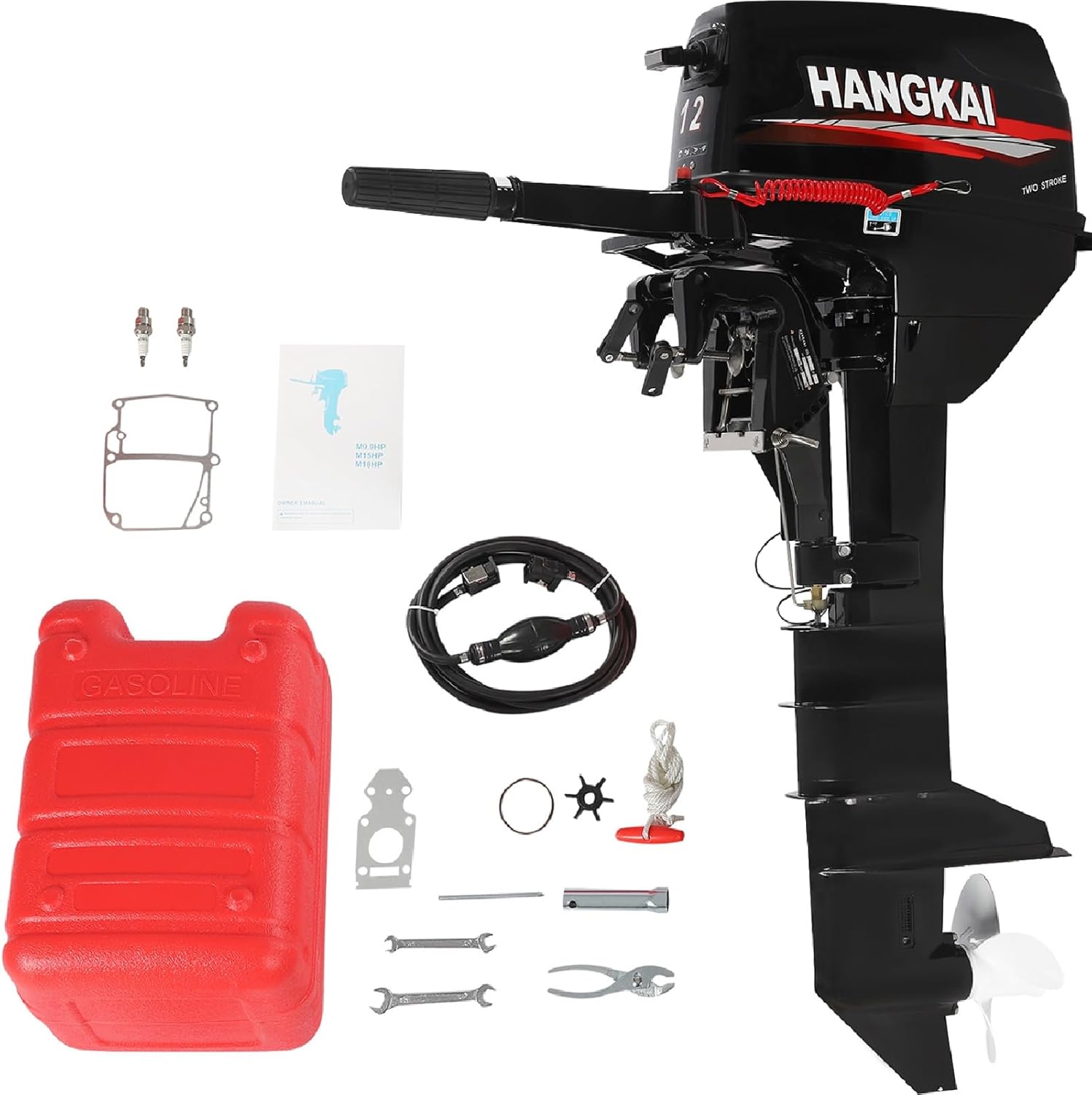 HANGKAI 12 hp Outboard Motor Long Shaft, 169CC 2 Stroke Outboard Motor With CDI Ignition Water Cooling System Fishing Boat Engine With Fuel Tank (12 HP Long Shaft+tank)