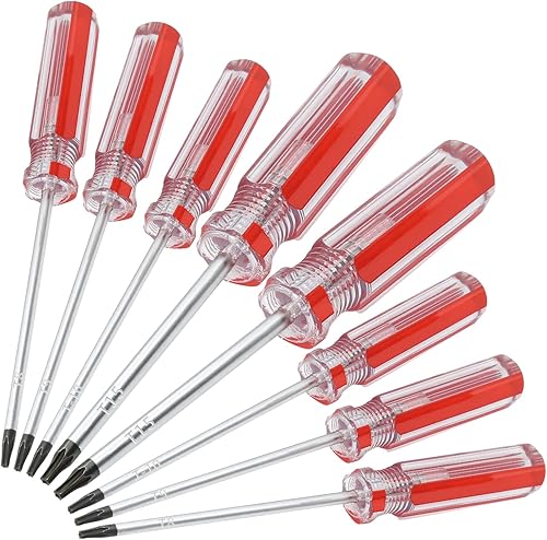 Piutouyar Juego de 8 destornilladores magnéticos Torx - T8, T9, T10, T15 Torx destornilladores de seguridad, 0.118 in, 2.953 in de largo (rojo)