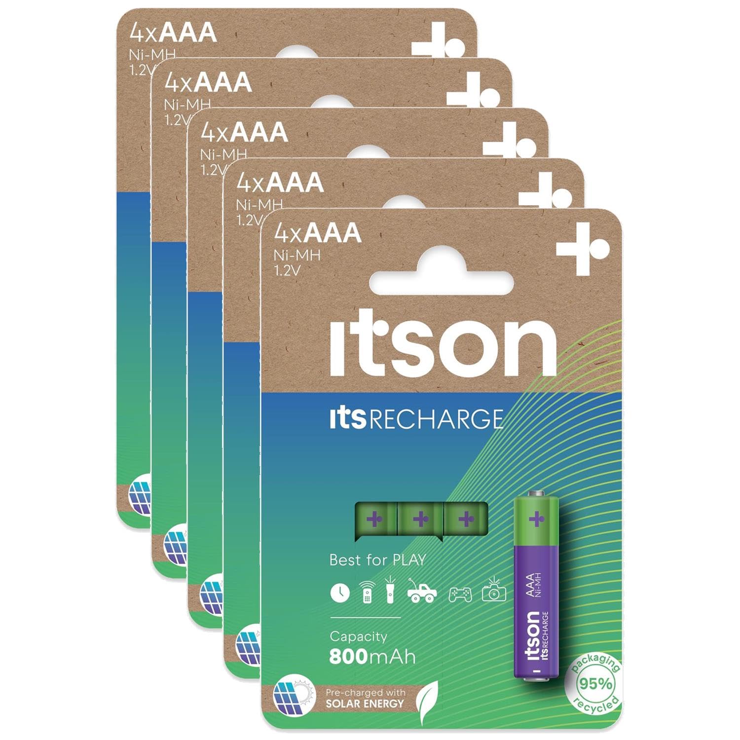 ITSON 5 x 4 batterie ricaricabili AAA Pro NiMH pronte all'uso, 800 mAh, ideali per orologi, torce, telecomandi