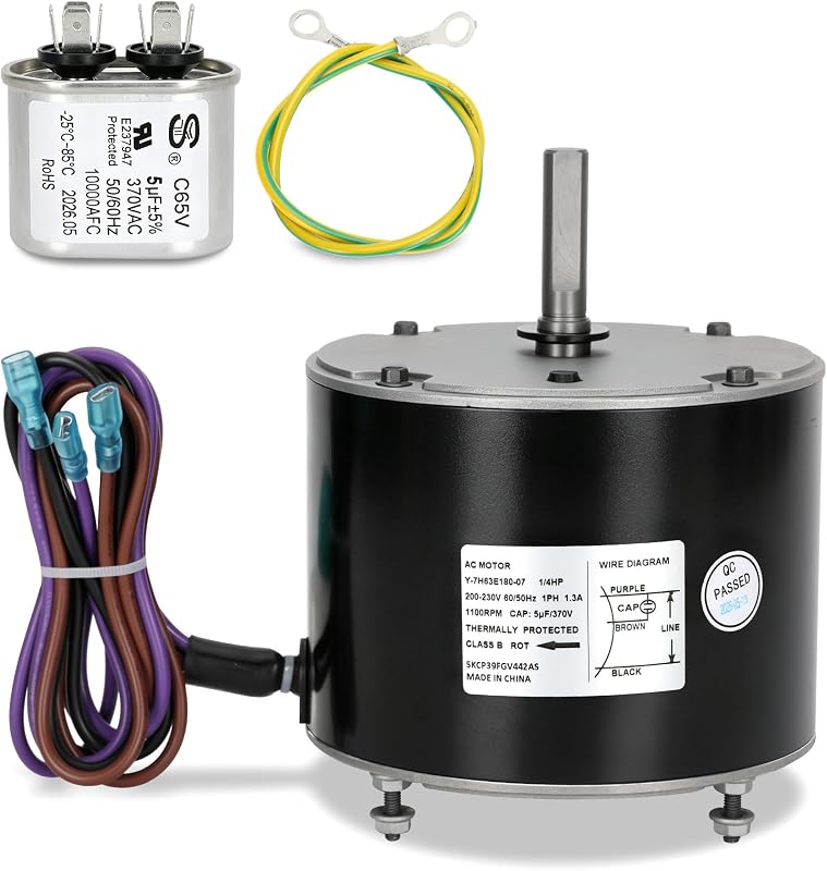 5KCP39FGV442AS Condenser Fan Motor for GE, 1/4 HP 1100 RPM, 5µF Capacitor | Replacement for GE Genteq 5KCP39FGV442AS & 5KCP39DFP101AS and Trane MOT11051 & MOT18623，208-230V , 48Y Frame