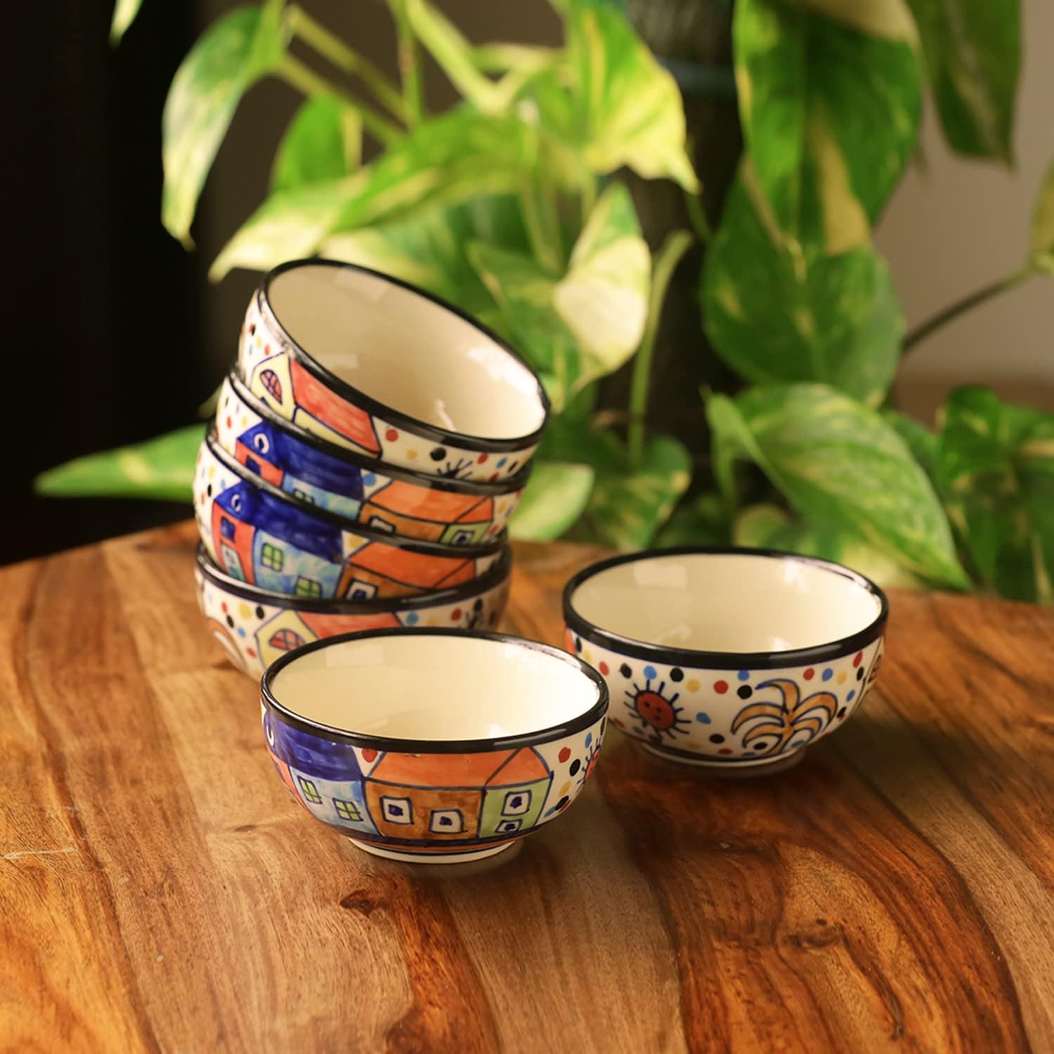 ExclusiveLane 'The Serving Hut' Handpainted Ceramic Bowls Set of 6 (170 ML, Microwave Safe)| Bowls for Serving Bowls for Snacks Bowls for Dining Table Bowls for Kitchen Ceramic Bowl Set, Multicolor