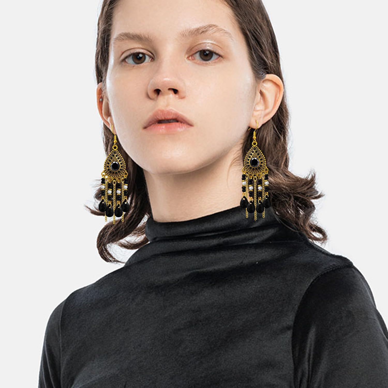 Bohemian Dainty Vintage Gold Crystal Teardrop Chandelier Lightweight Dangle Drop Earrings Retro Alloy Chain Fringe Hook Earrings For Women Jewelry Gifts - Image 2