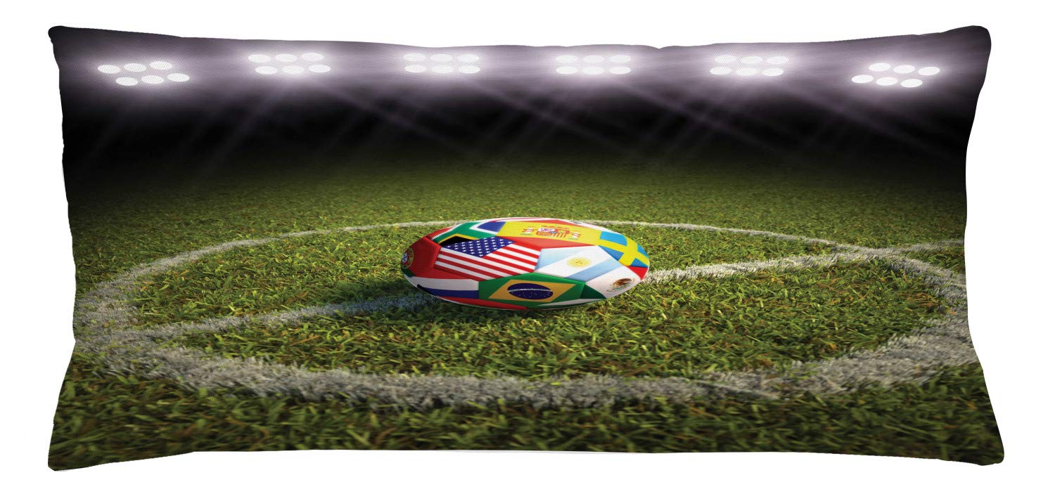 Lunarable Sports Throw Pillow Cushion Cover, Soccer Ball on Soccer Field Printed Flags of The Participating Countries, Decorative Rectangle Accent Pillow Case, 36