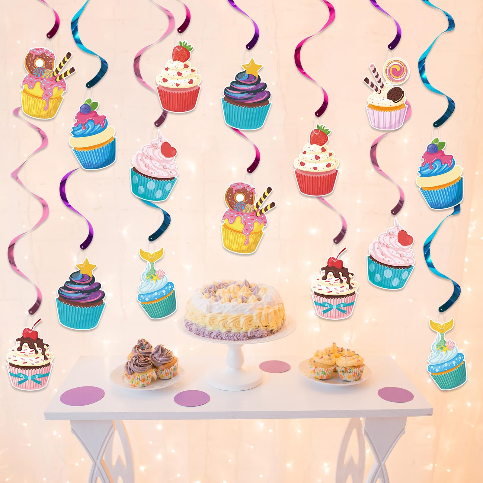 16PCS Cupcake Hanging Swirls - Ice Cream Ceiling Decorations For Parties