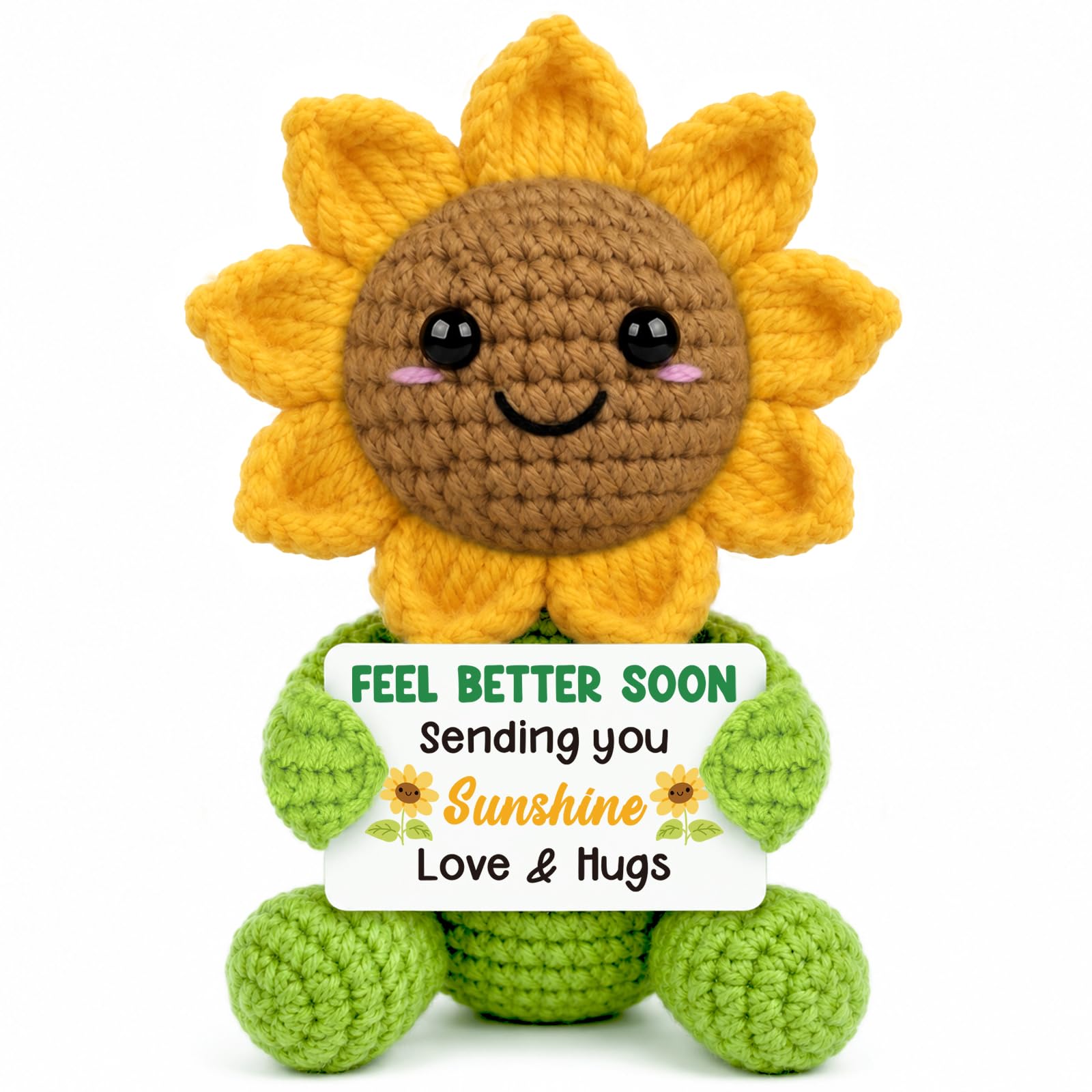 Get Well Soon Gifts for Women, Men, Kids - Handmade Sunflower Crochet with Card, Cancer Gifts for Woman, Feel Better, Cheer Up, Thinking of You, Hug Presents, Hospital Bag Essentials