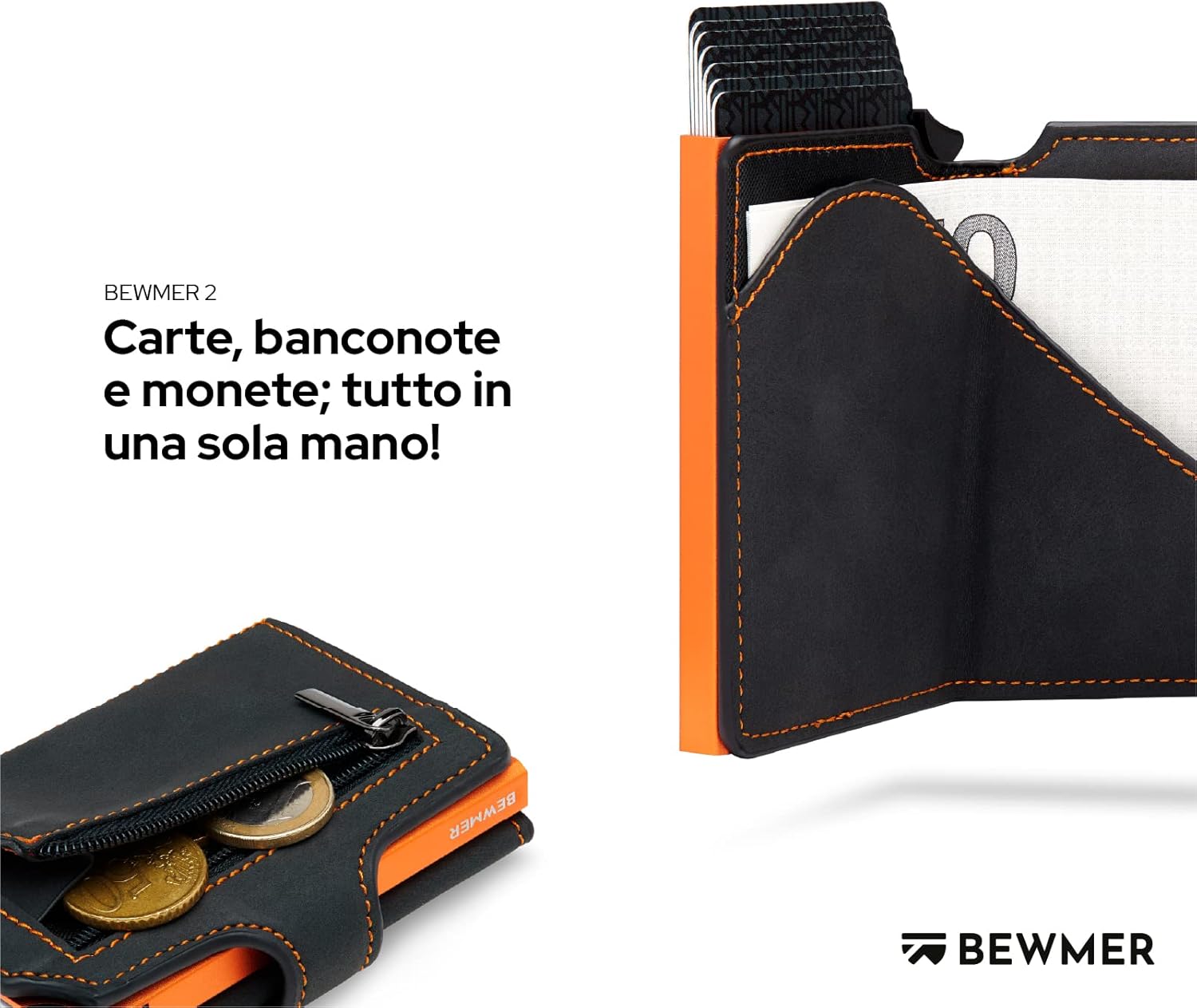 BEWMER v2 Portafoglio Uomo Slim In Similpelle Con Protezione RFID Anticlonazione – Porta Carte Di Credito Uomo E Donna Per 9 Tessere, Con Portamonete – Porta Tessere, Nero Arancione - immagine 3