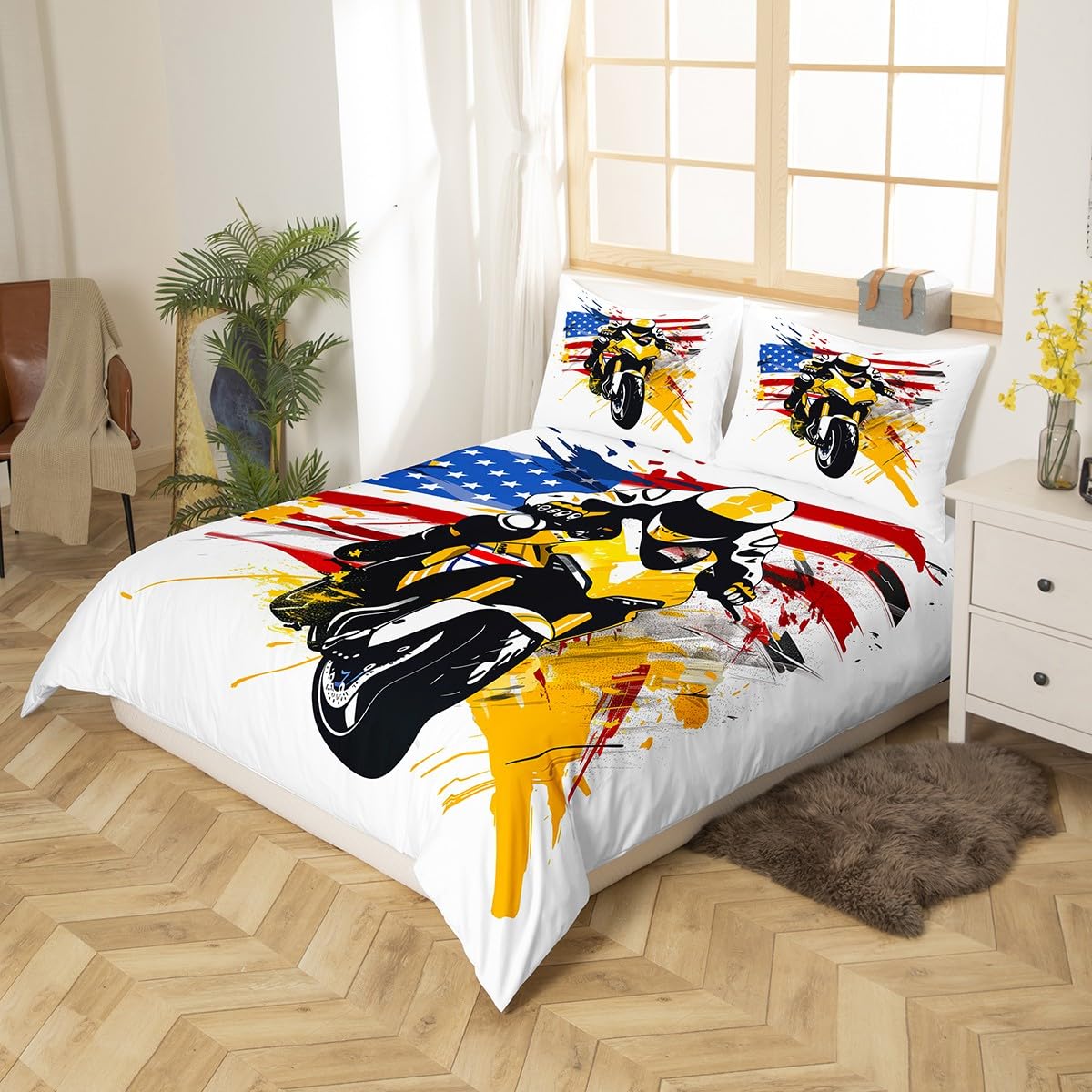 jejeloiu Dirt Bike Bedding Set Toddler Size Motorbike Comforter Cover for Boys Girls Teens Yellow White Duvet Cover Breathable Soft Lightweight Microfiber?No Comforter