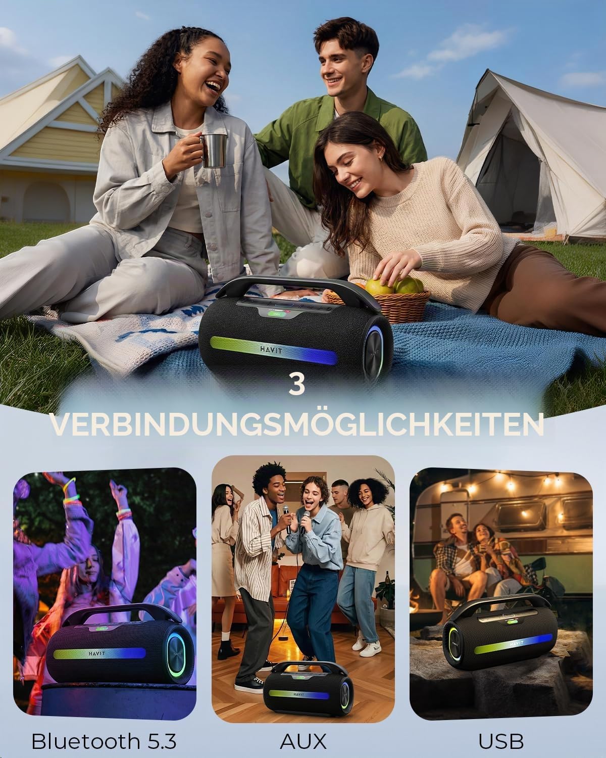 havit 120W MAX Outdoor Lautsprecher, IPX6 Wasserdichter Tragbarer Bluetooth Lautsprecher mit 2.2 K, 16H+ Spielzeit, RGB-Lichter, USB-C, Powerbank, Custom EQ, AUX/DSP für Camping, Strand, Garten