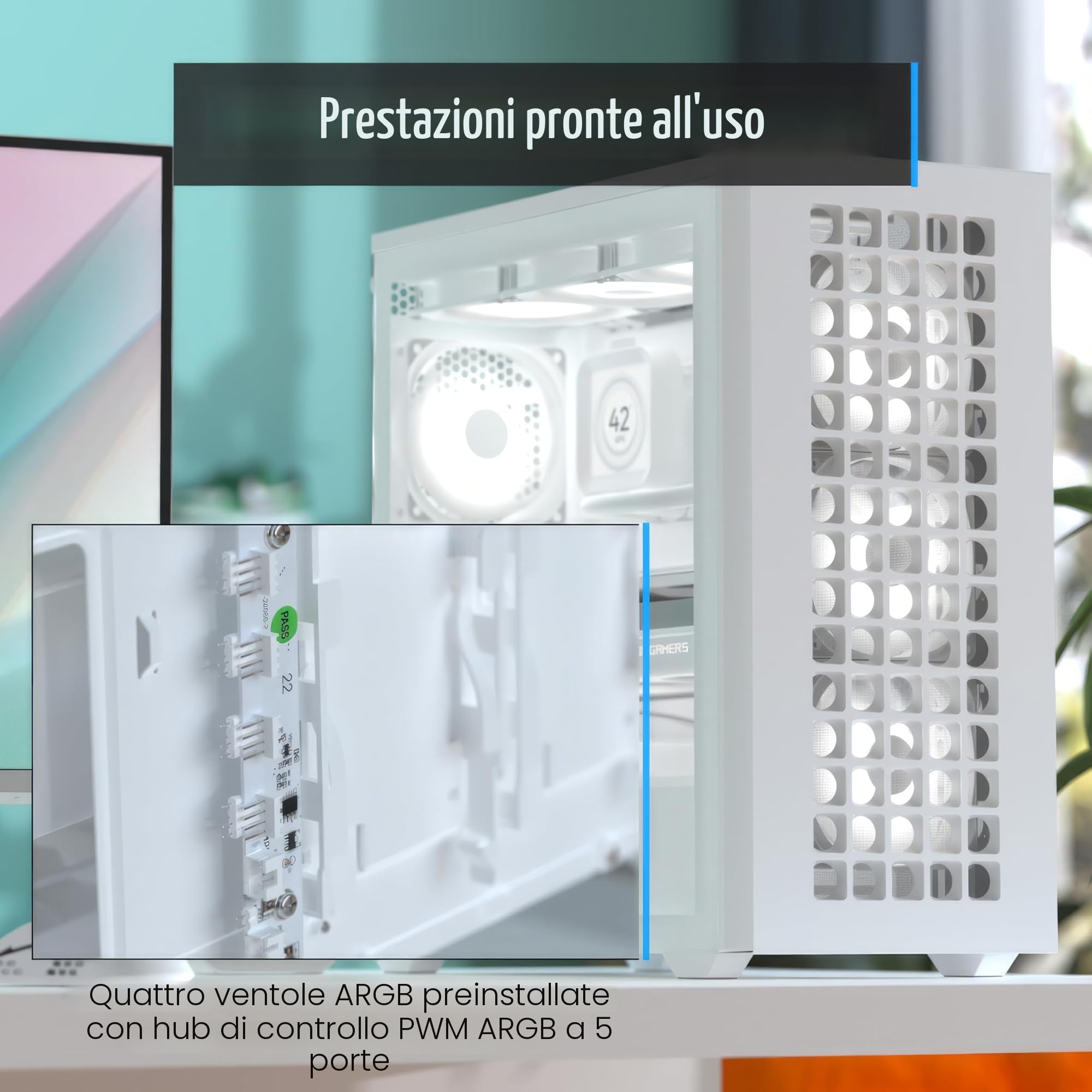 AeroCool Custodia Mid Tower D502A, pannello frontale in rete, supporto radiatore da 360 mm, 11 slot per ventole, GPU 400 mm, ATX/m-ATX/mini-ITX, filtri antipolvere magnetici, struttura in acciaio SPCC