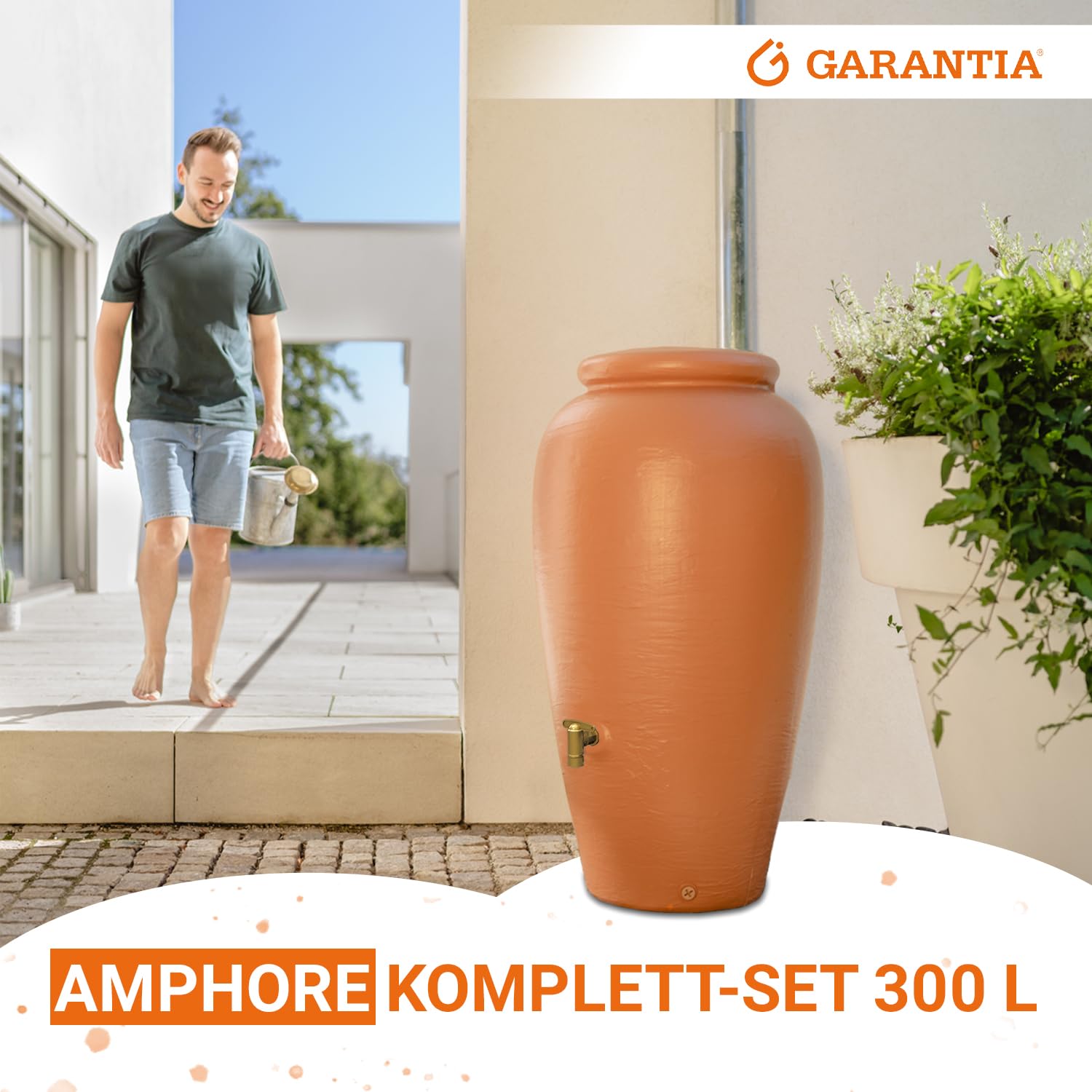 GARANTIA Amphore Regentonne Komplett-Set 300 Liter terrakotta | inkl. Kunststoff-Auslaufhahn und Fallrohranschluss, Regentonne 300 Liter, Regenfass, Wassertank, Wassertonnen für Garten