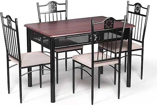 GORELAX Juego de mesa de comedor moderno de mediados de siglo para 4, juego de mesa de comedor de 5 piezas con marco de metal y asiento acolchado,