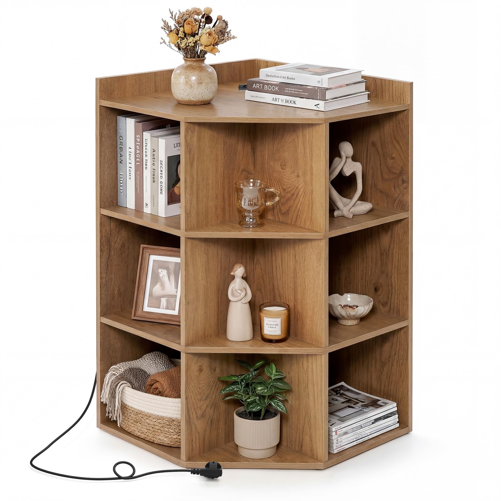 COSTWAY Armario Esquinero con Estación de Carga, Mueble Esquinero de 3 Niveles, 9 Cubículos, Mueble Esquina Dormitorio Salon Cocina, 51 x 71,5 x 86 cm (Natural)