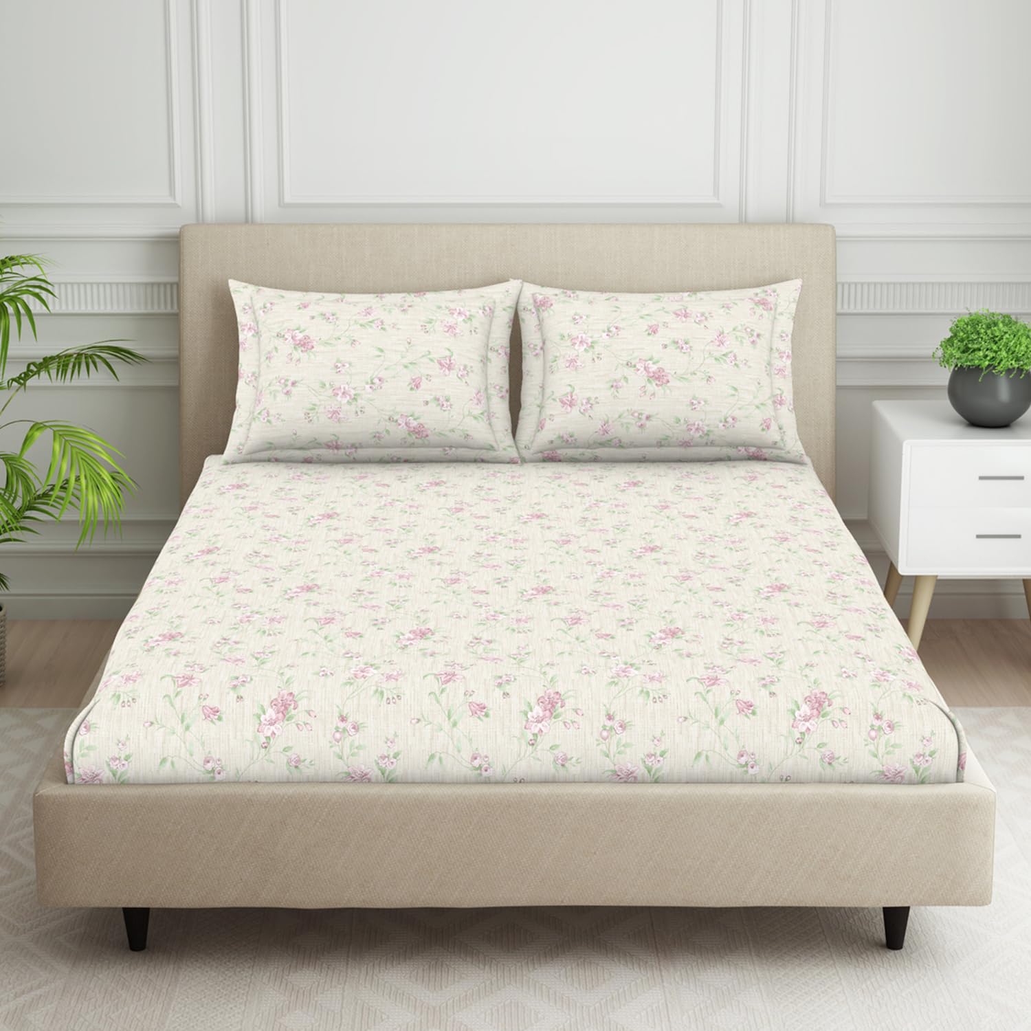 Welspun 120 TC Polycotton Bedsheet for Double Bed with 2 Pillow Cover | Skin Safe & Super Soft Queen Size Bed Sheet | (88 X 100 Inch) - Gloral Pink | Harmony-image-23