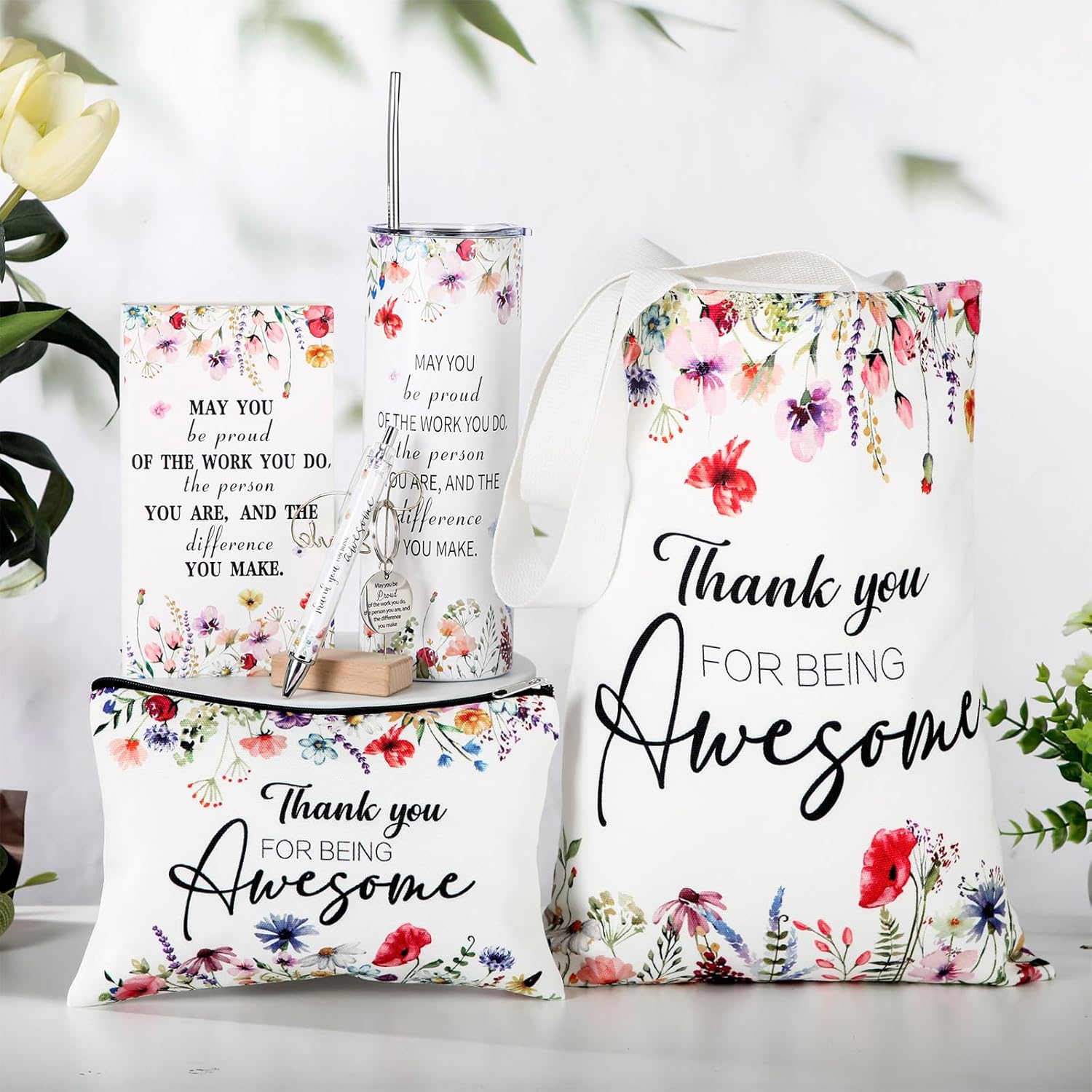 Patelai 6 Pcs Employee Appreciation Gifts Set for Women Female, Thank You Awesome Gift for Coworker Teacher Staff Team Volunteer, Inspirational Bag Pen Journal Keychain for Valentine, Flowers - Image 3