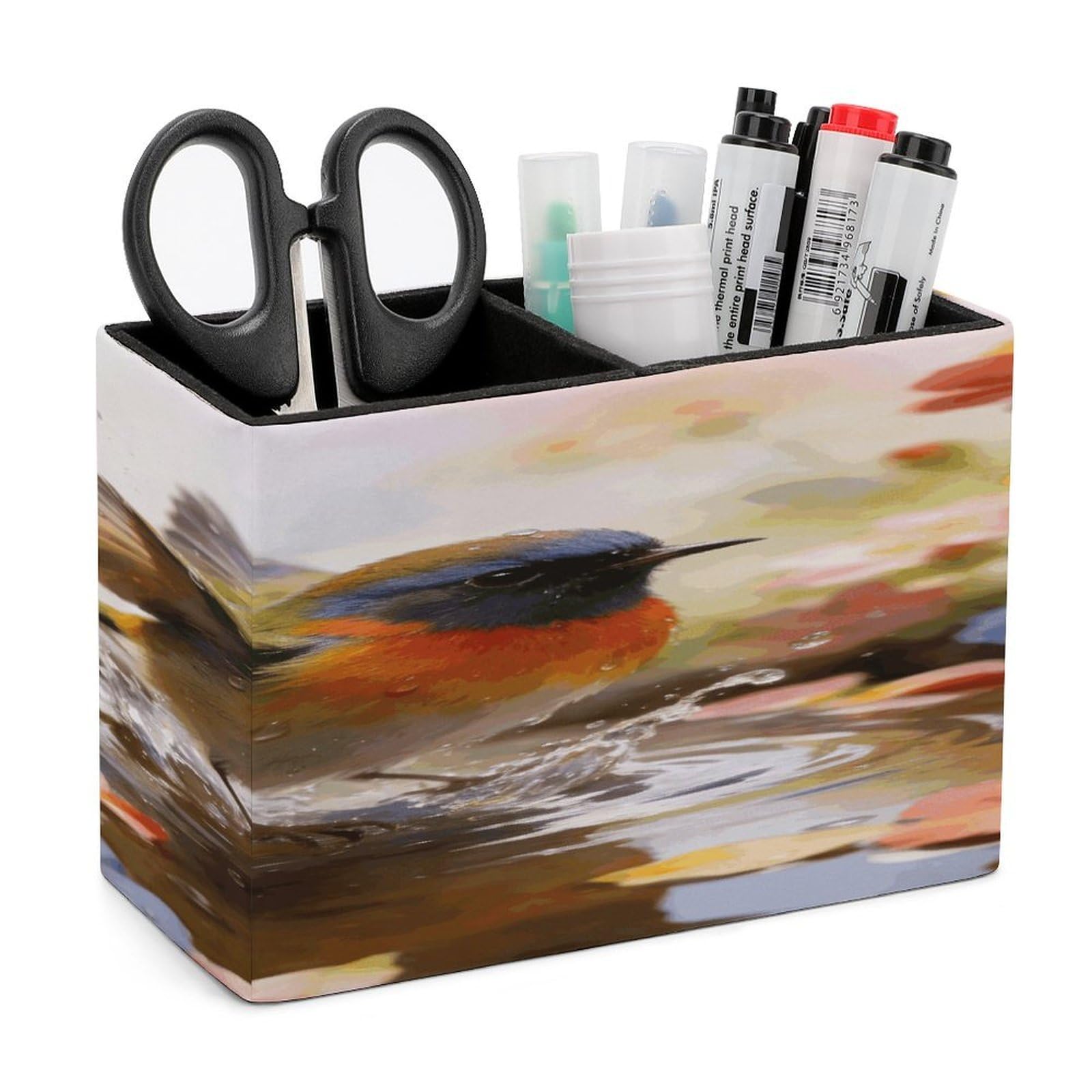 LZQPOEAS Bird Bathing Flowers Pen Holder Double Compartments Pen Cup Makeup Brush Holders Leather Pencil Holder Locker Organizer for Work Locker Accessories Modern Pencil Cup for Desk