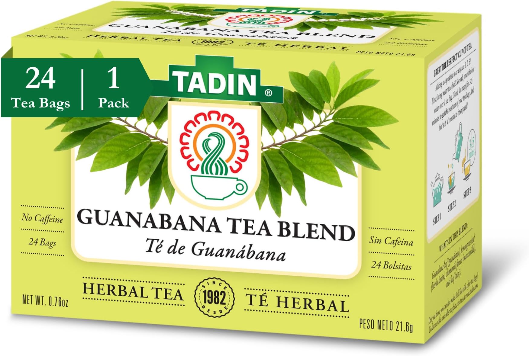 Tadin Guanabana Tea Blend, Soursop Herbal Tea, Caffeine Free, 24 Tea Bags Per Box, Pack of 1