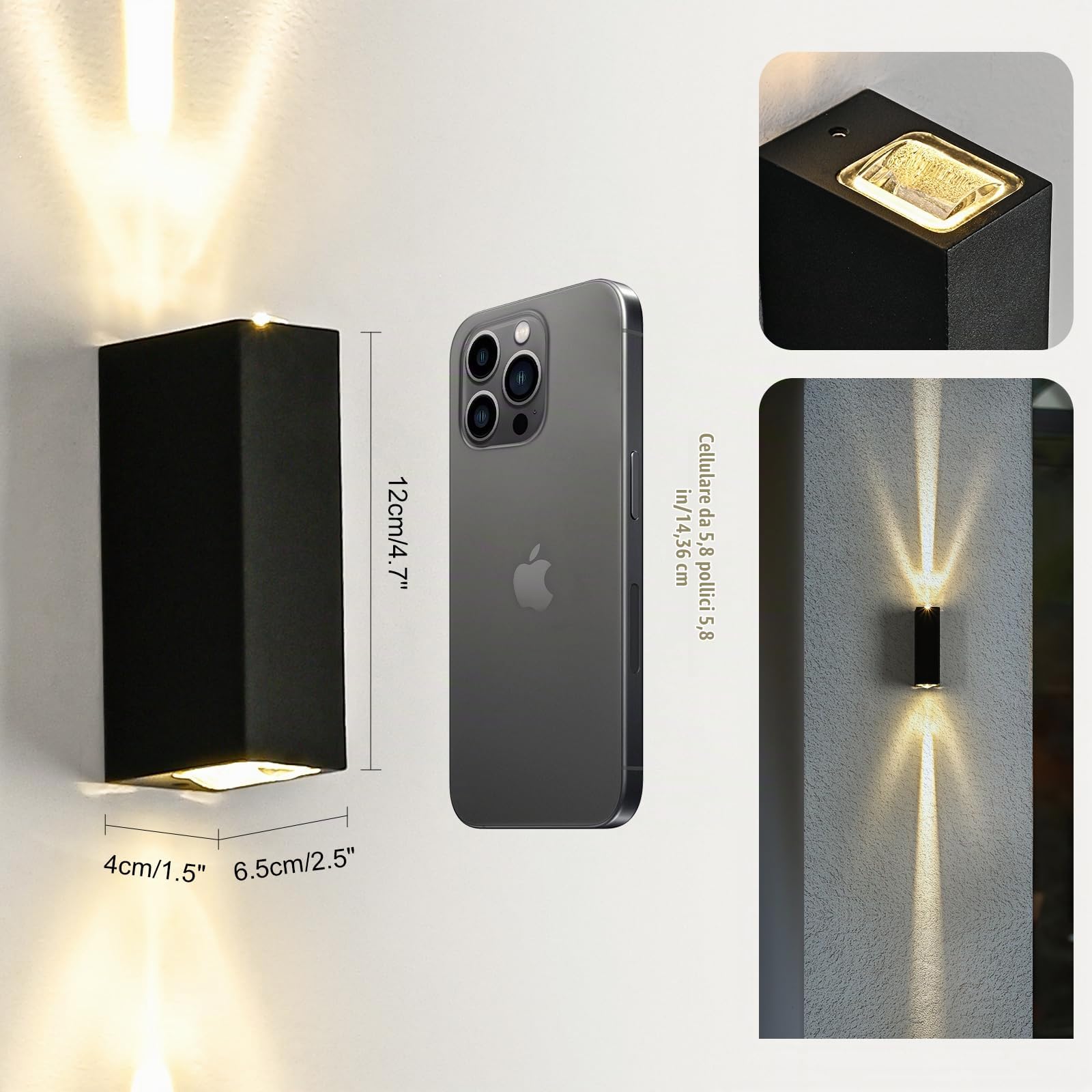 Applique da Parete Esterno LED 6W, Lampada Applique da Parete Interno Moderno IP65 Impermeabile, Applique Muro Bianco Caldo 3000K Luce Up Down Alluminio per Terrazza Corridoio, Nero 2PCS