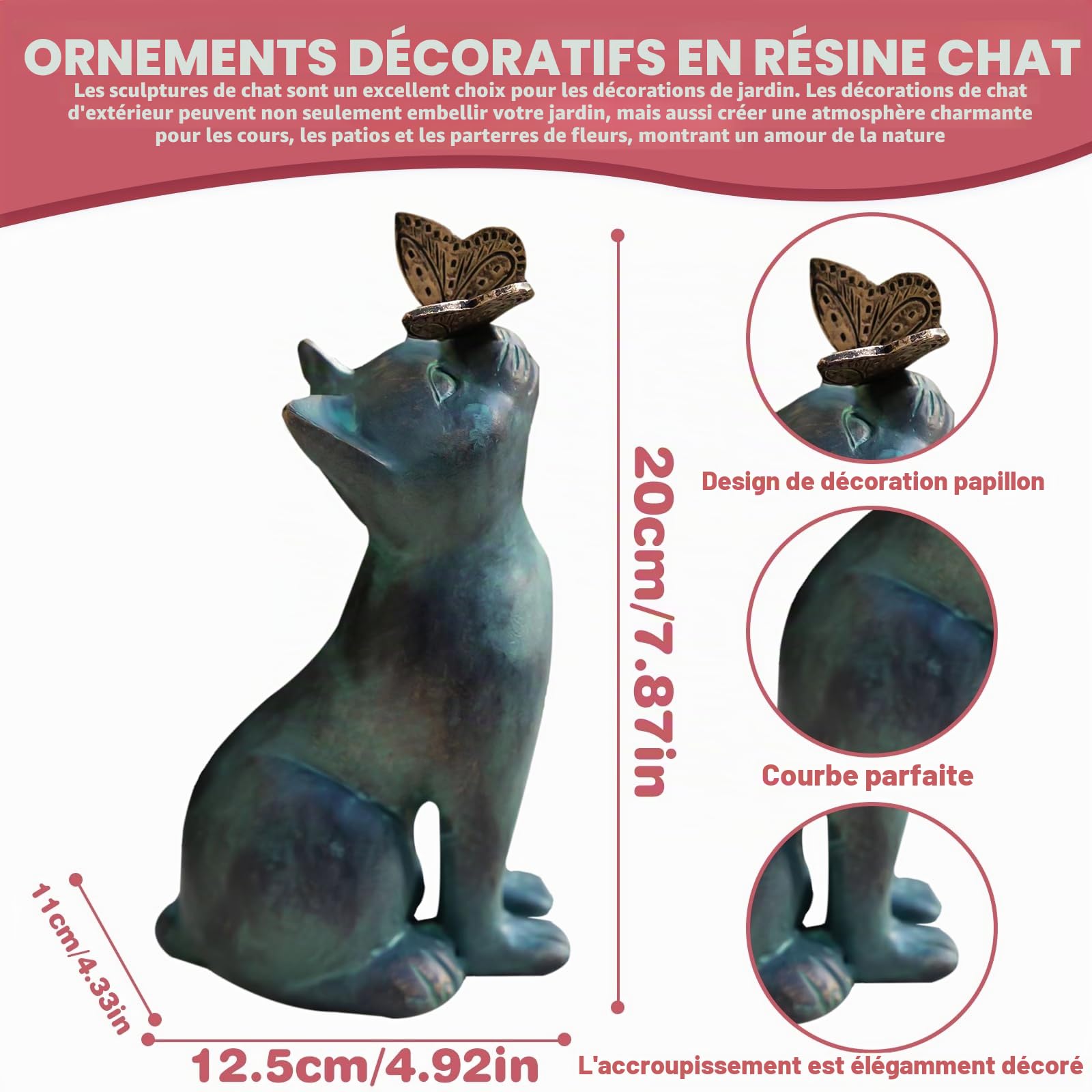 Chat Décoration Extérieur : Chat Mignon Top Papillon Sculpture Animal en Résine Imperméable pour la Maison Cadeaux Artisanat