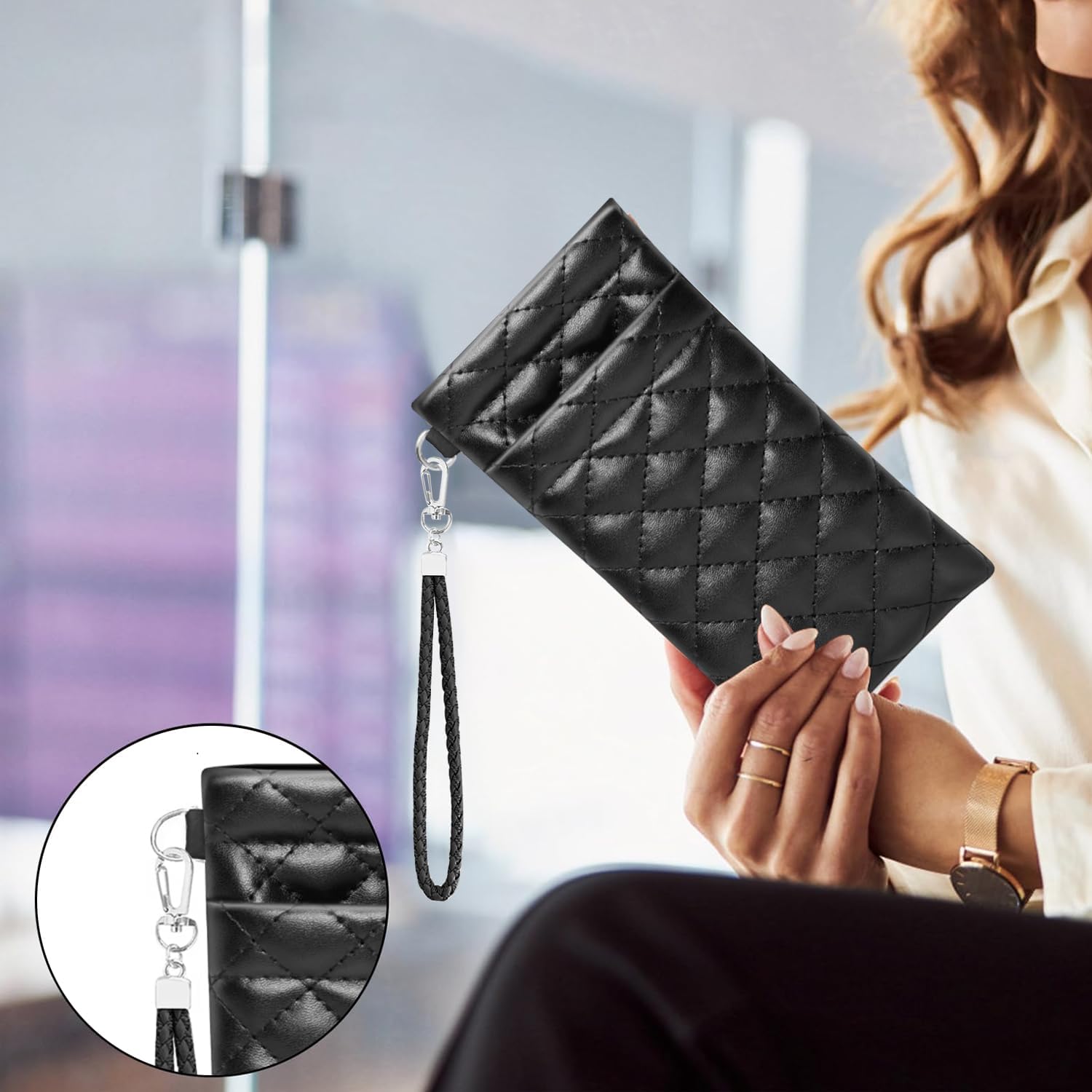 Double Eyeglass Case Squeeze Top Glasses Pouch, Leather Soft Sunglasses Case with Carrying Strap (Black) - Image 6